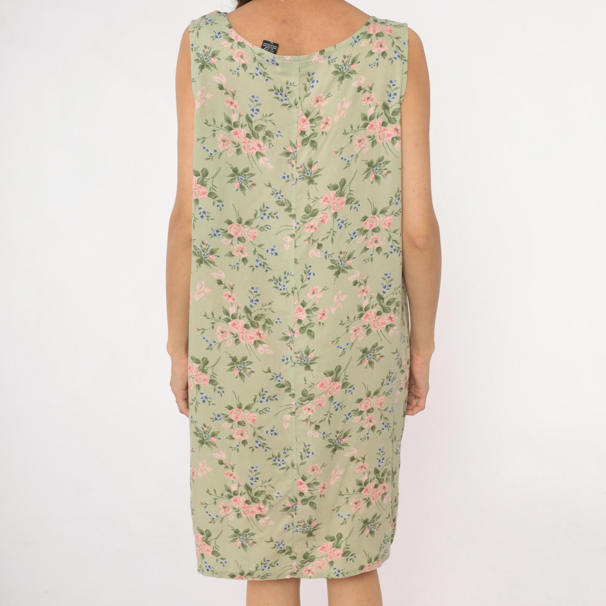 90s Lancaster Clothing Floral Shift Dress Sage Green Pink Roses Extra Large