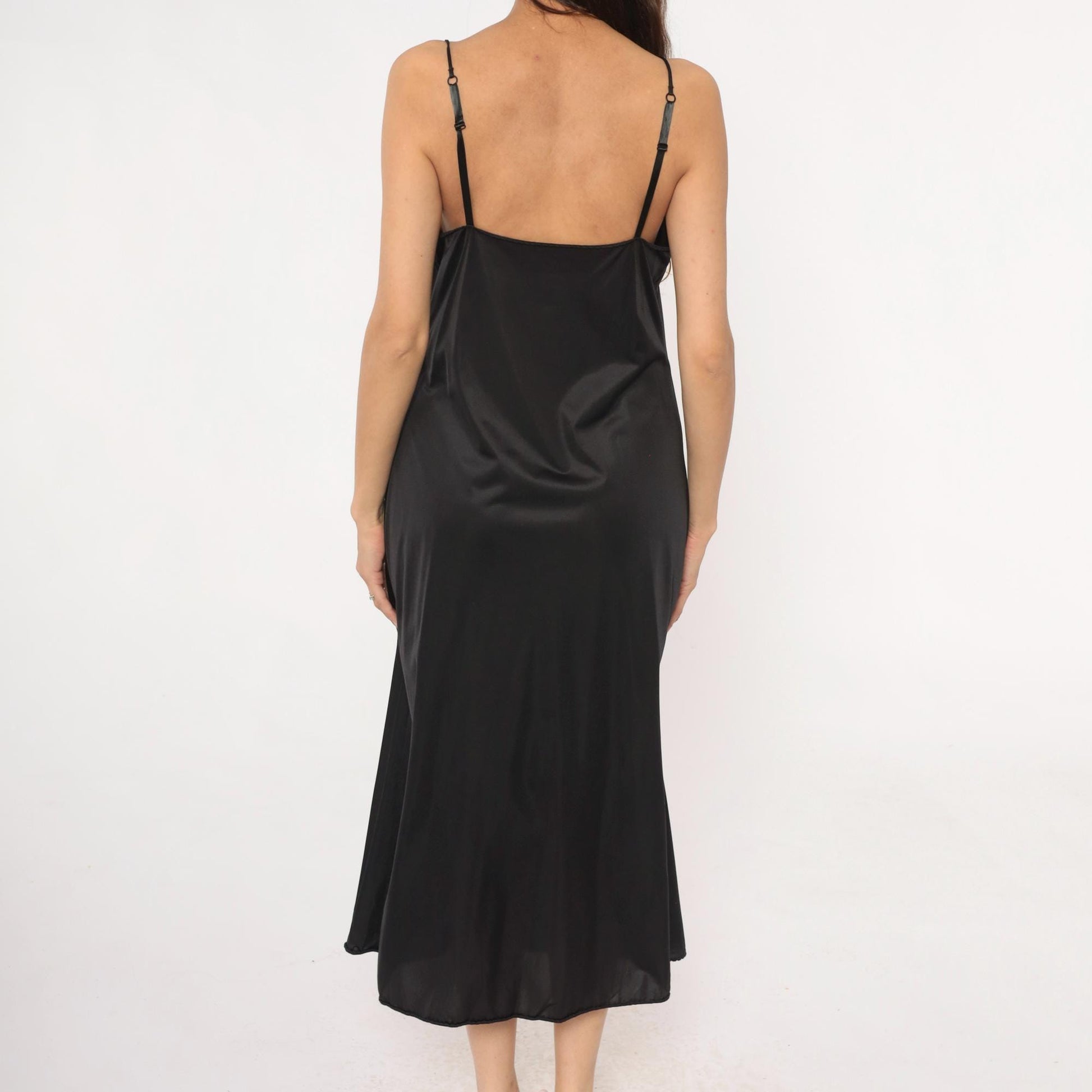 90s Vanity Fair Black Slip Dress Spaghetti Strap Lace Trim Midi Medium