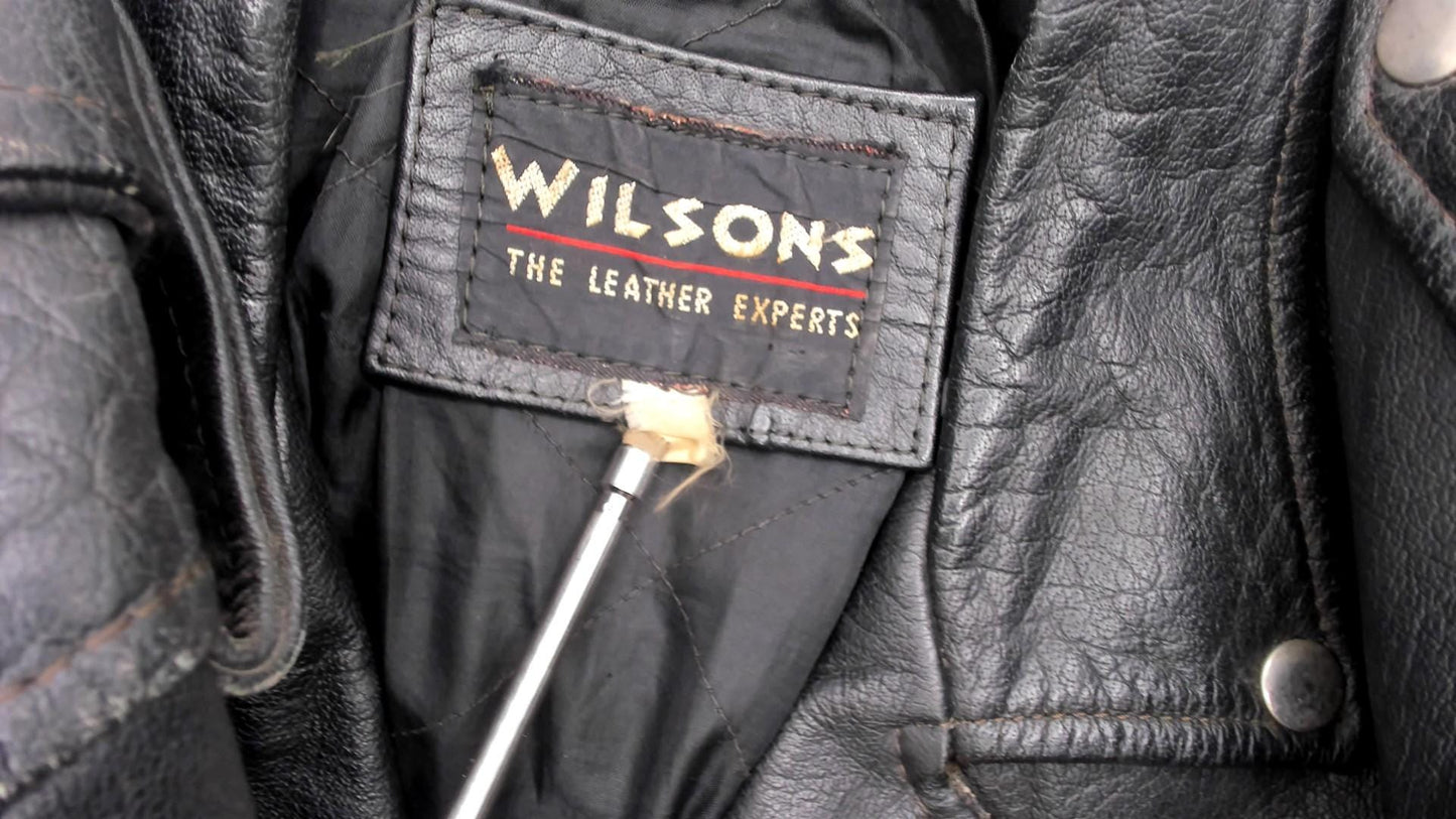 90s Wilsons Leather Black Motorcycle Jacket Belted Zip Silver Hardware Small S