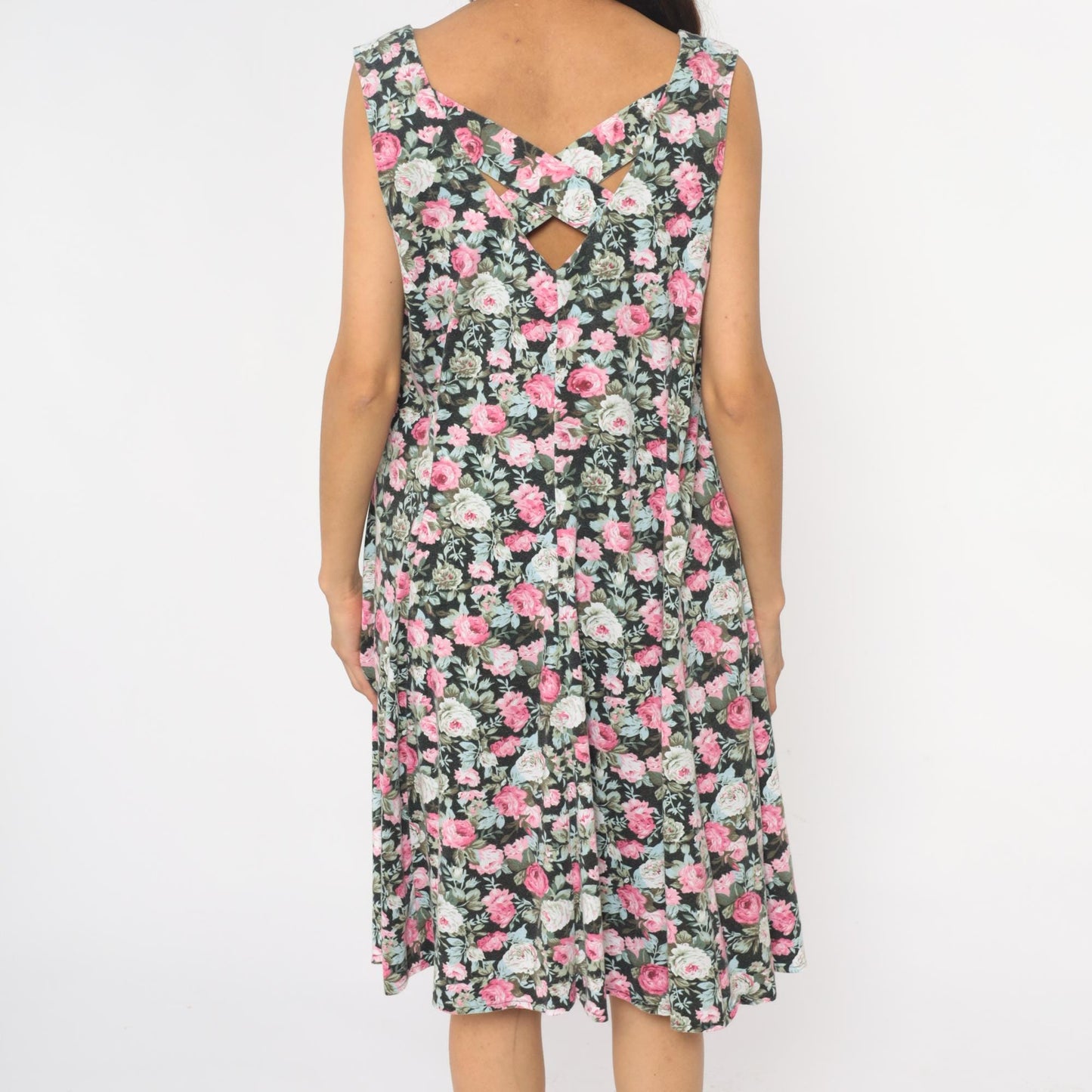 90s Lady Dorby Floral Dress Black Pink Rose Print Sleeveless Cutout Large