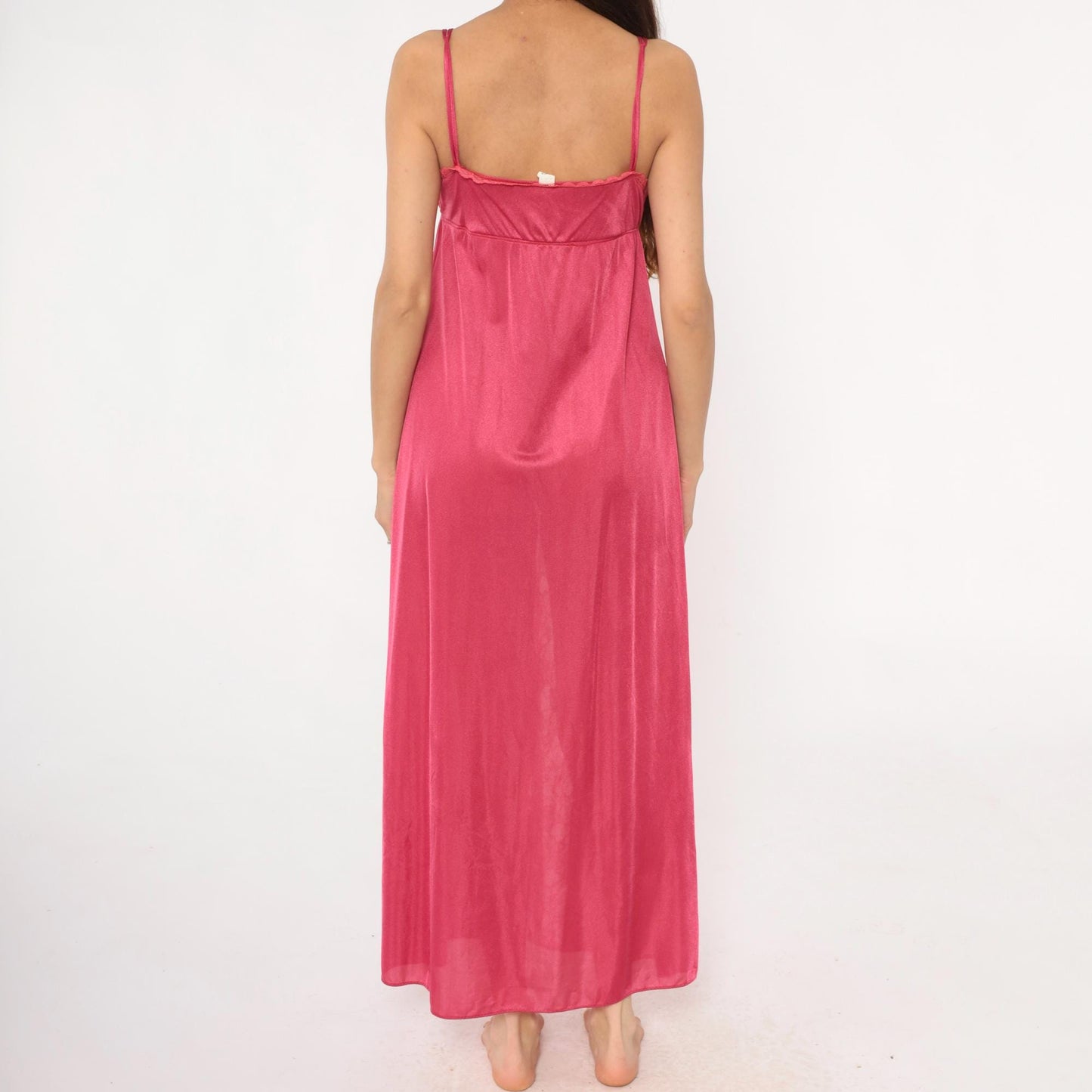 80s Rose Pink Lace Maxi Nightgown V-Neck Spaghetti Strap Medium