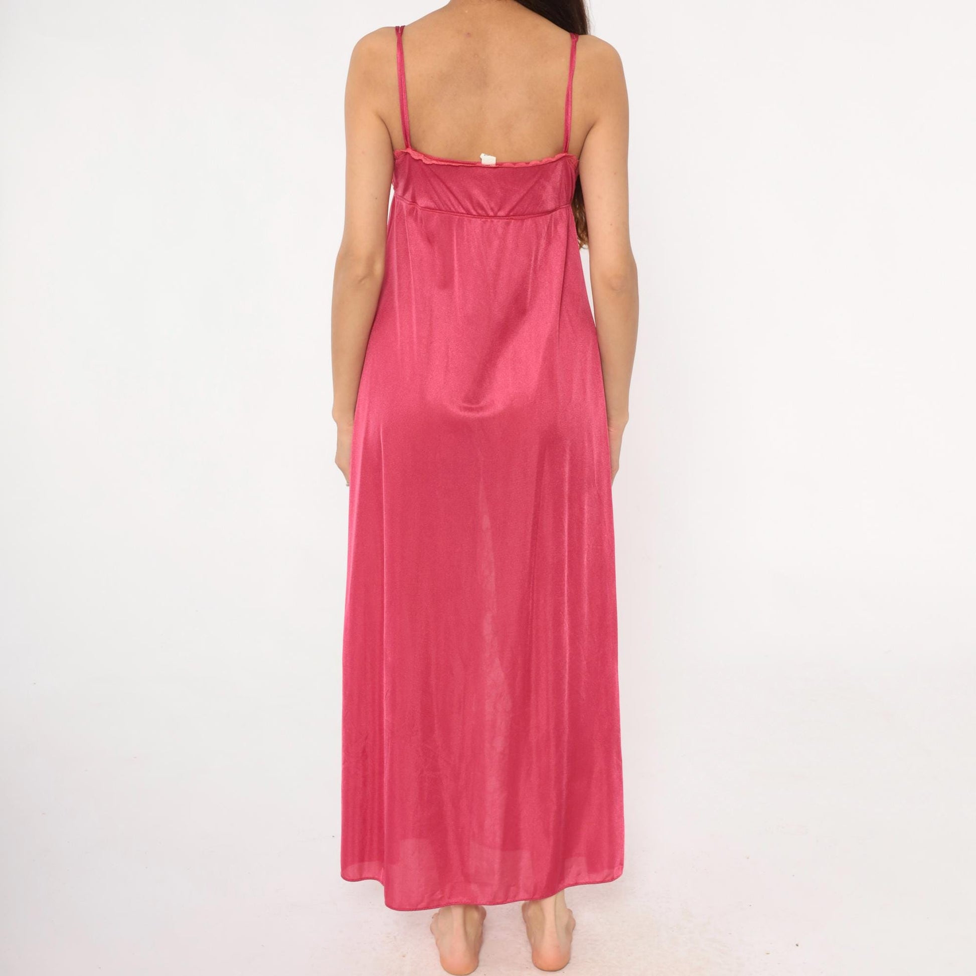 80s Rose Pink Lace Maxi Nightgown V-Neck Spaghetti Strap Medium