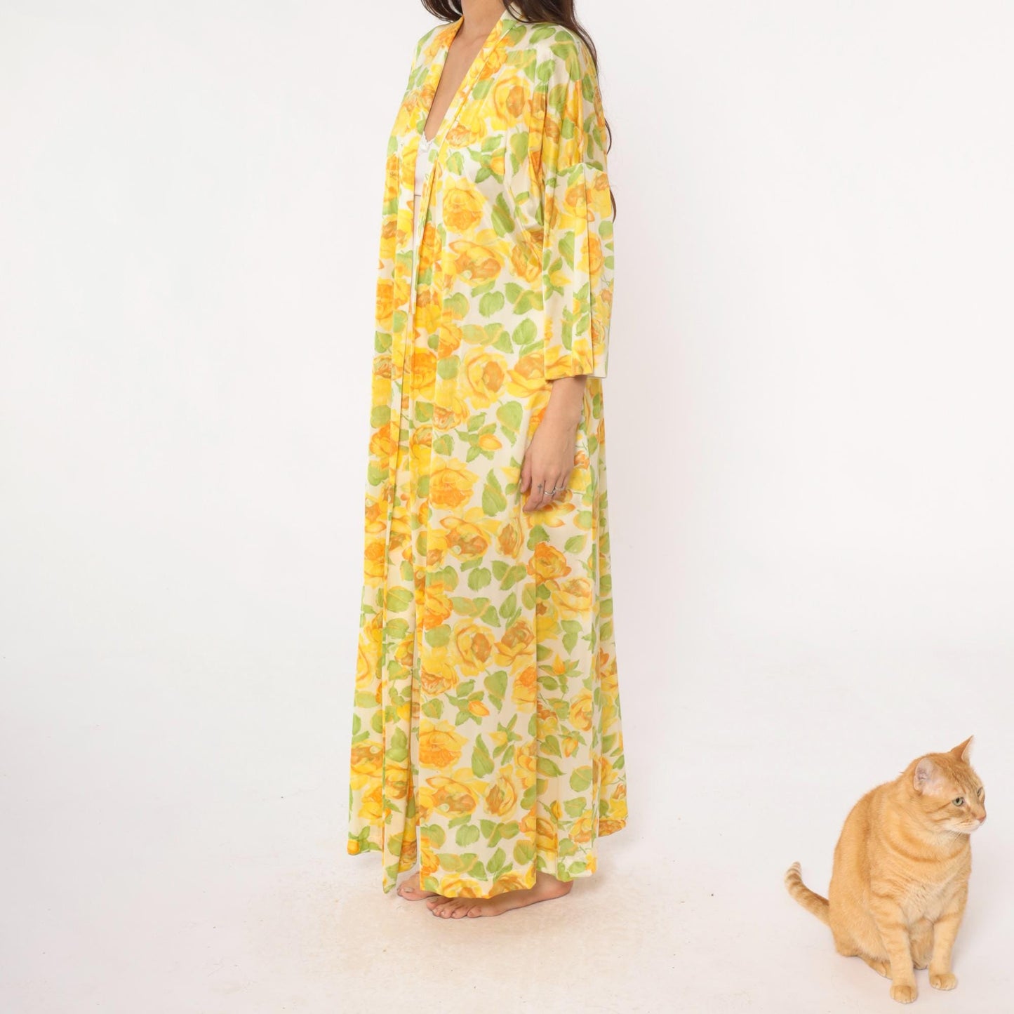 80s Vanity Fair Yellow Rose Floral Robe Maxi Duster Shawl Collar Medium