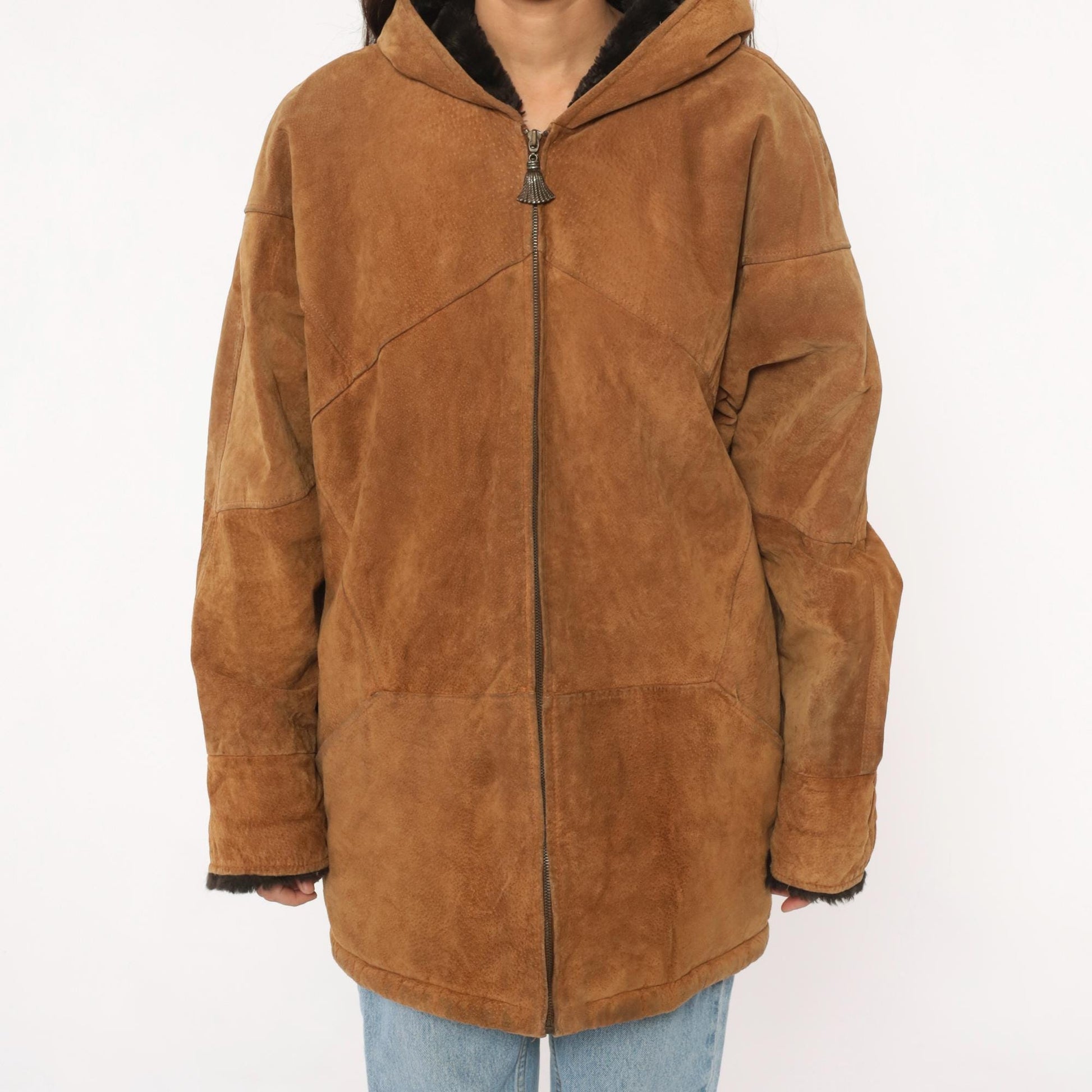 90s Tan Leather Hooded Jacket Faux Fur Lining Black Trim Large L