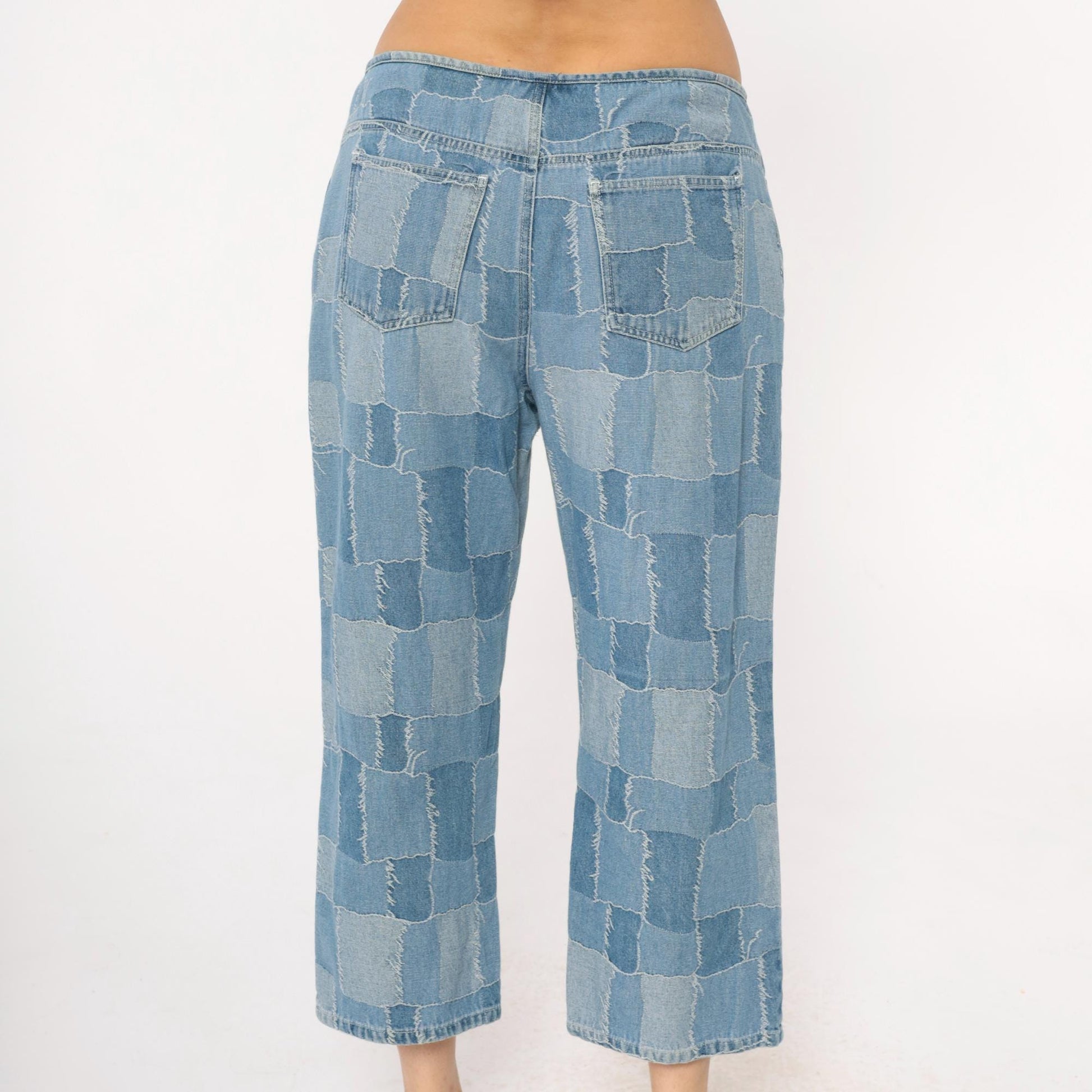 Y2K Carolina Blues Patchwork Denim Jeans Cropped Light Blue Medium M