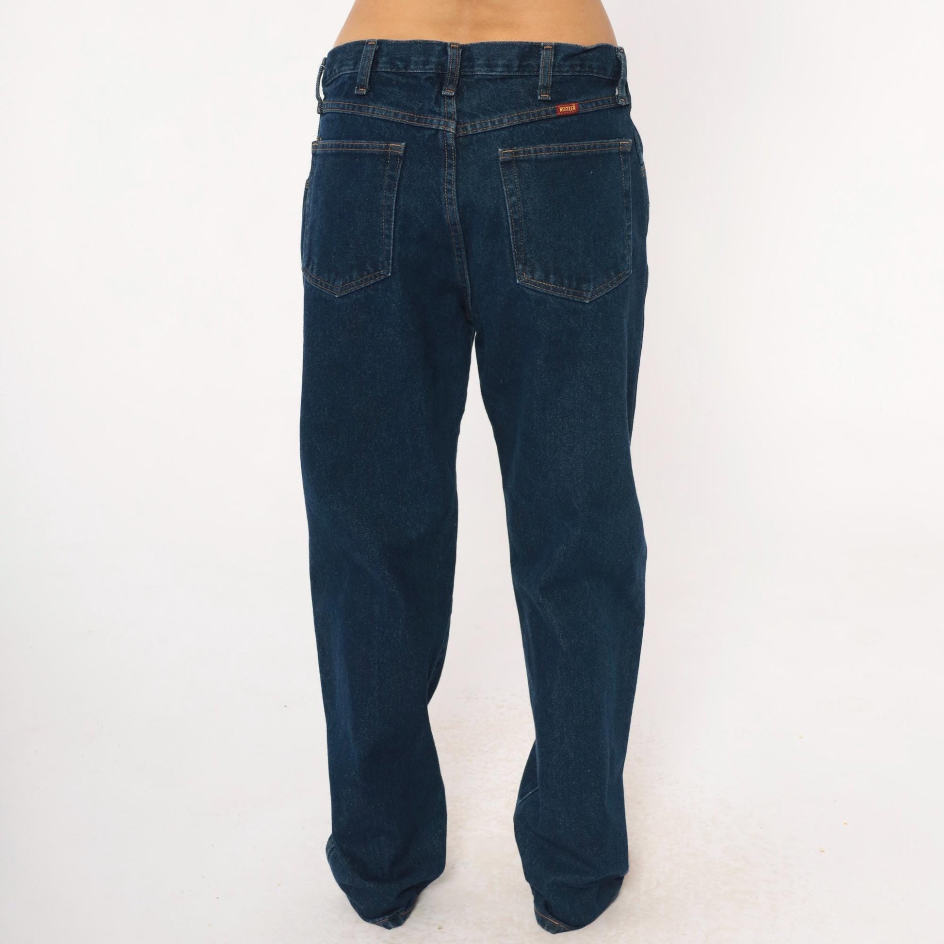 90s Rustler Dark Denim High Rise Straight Leg Jeans Navy Blue 34W