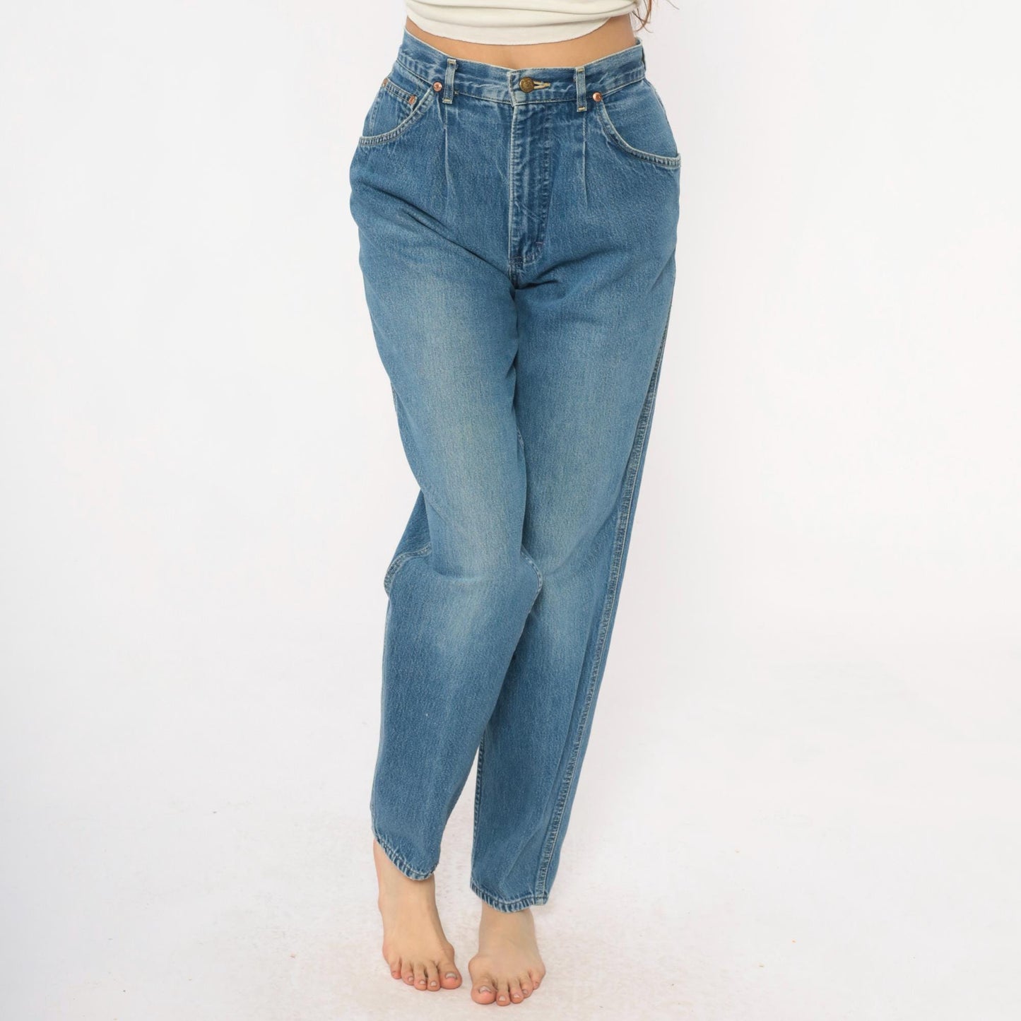 80s Lee High-Waist Denim Jeans Light Blue Tapered Small