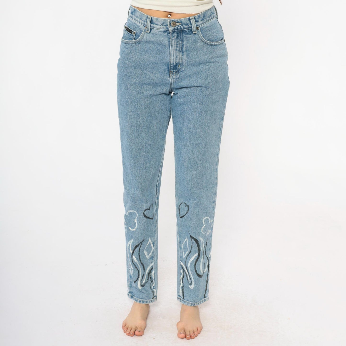 Y2K Light Wash Flame Painted Jeans High Waisted Straight Leg Size 6