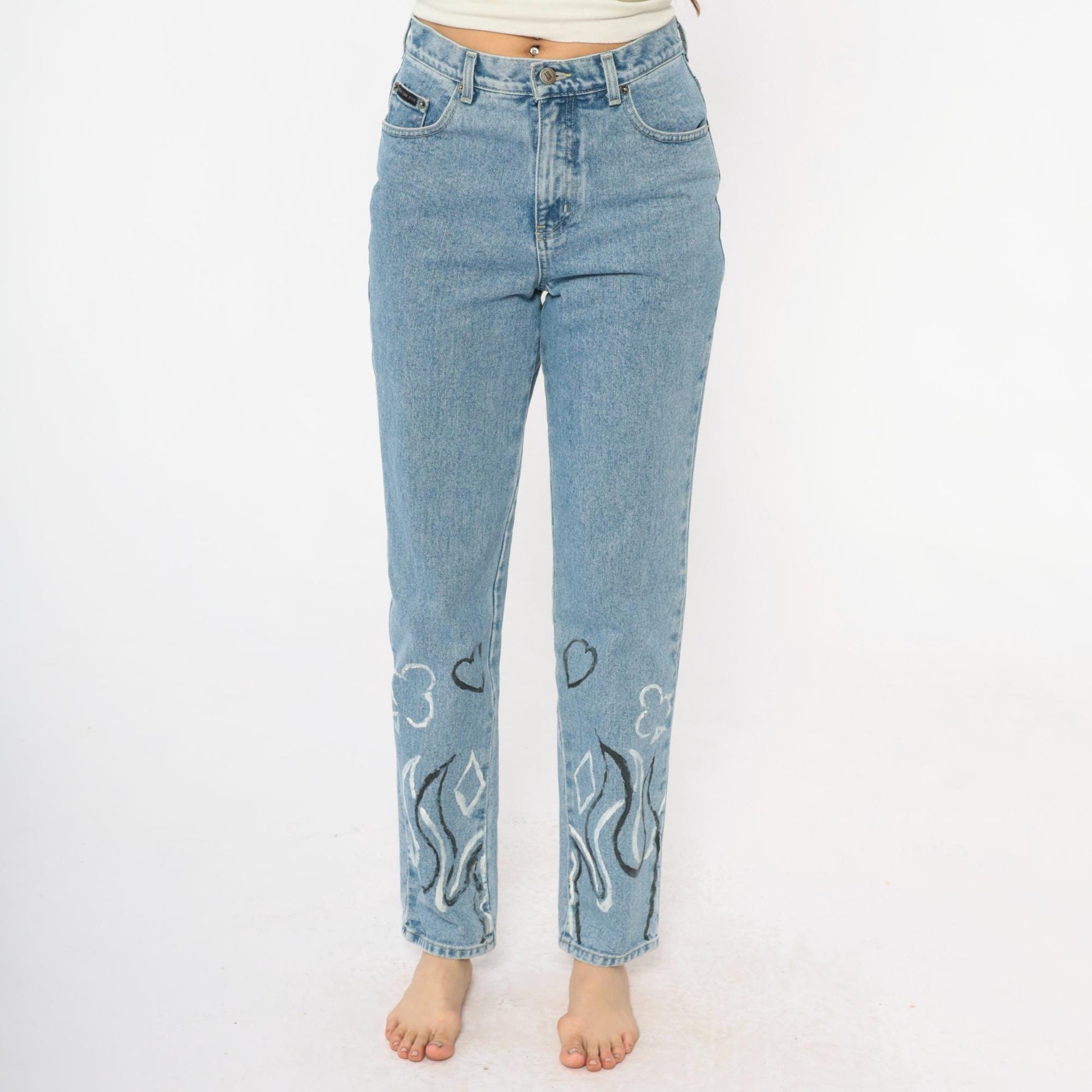 Y2K Light Wash Flame Painted Jeans High Waisted Straight Leg Size 6