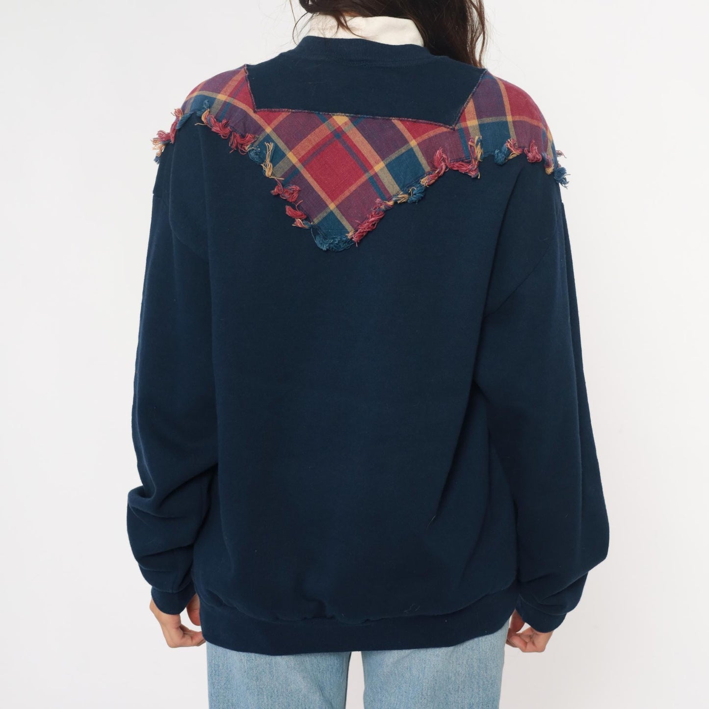 90s Jerzees Navy Plaid Yoke Sweatshirt Burgundy Teal Frayed Crewneck Extra Large XXL