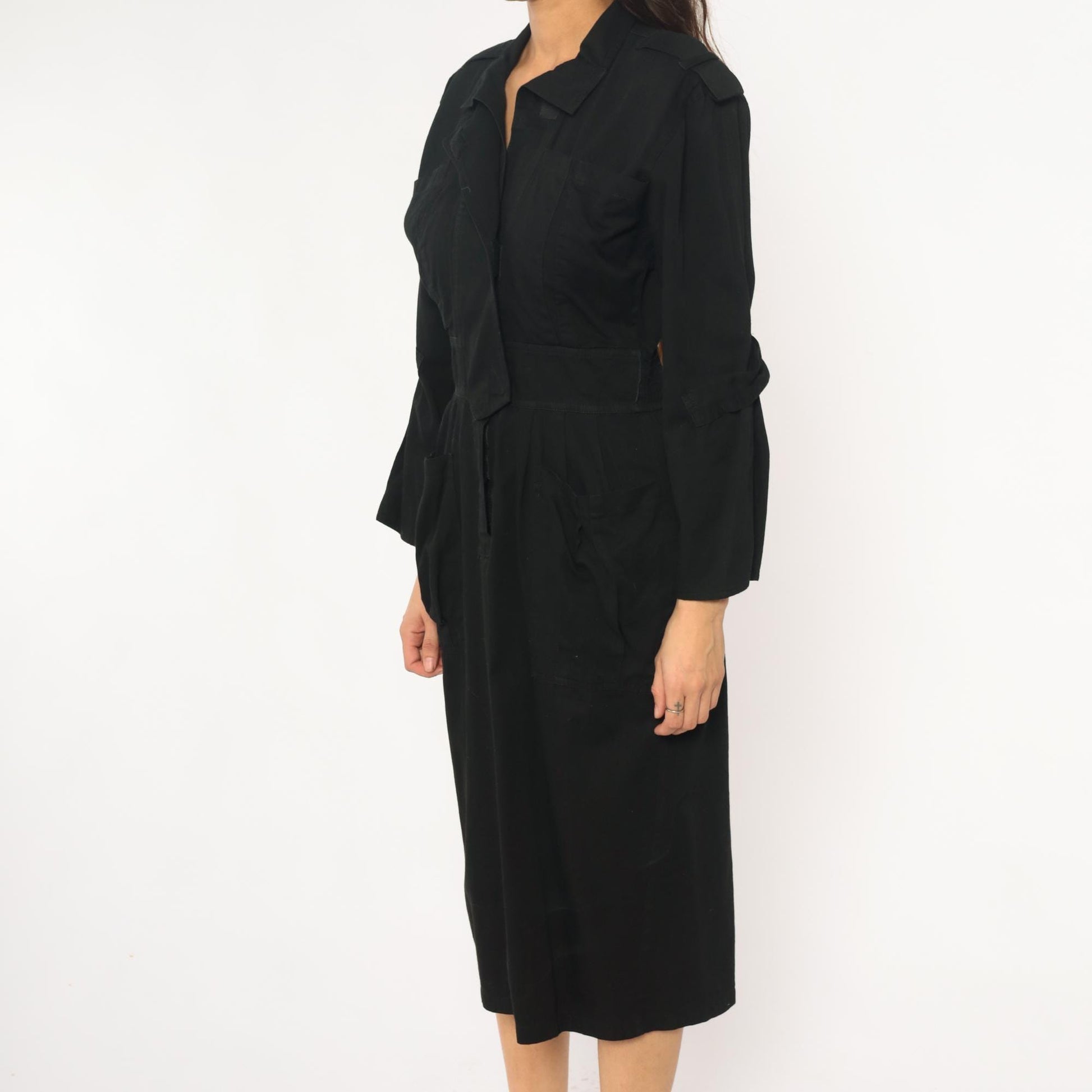 90s D Franke Black Trench Coat Dress Belted Midi Notched Collar Medium