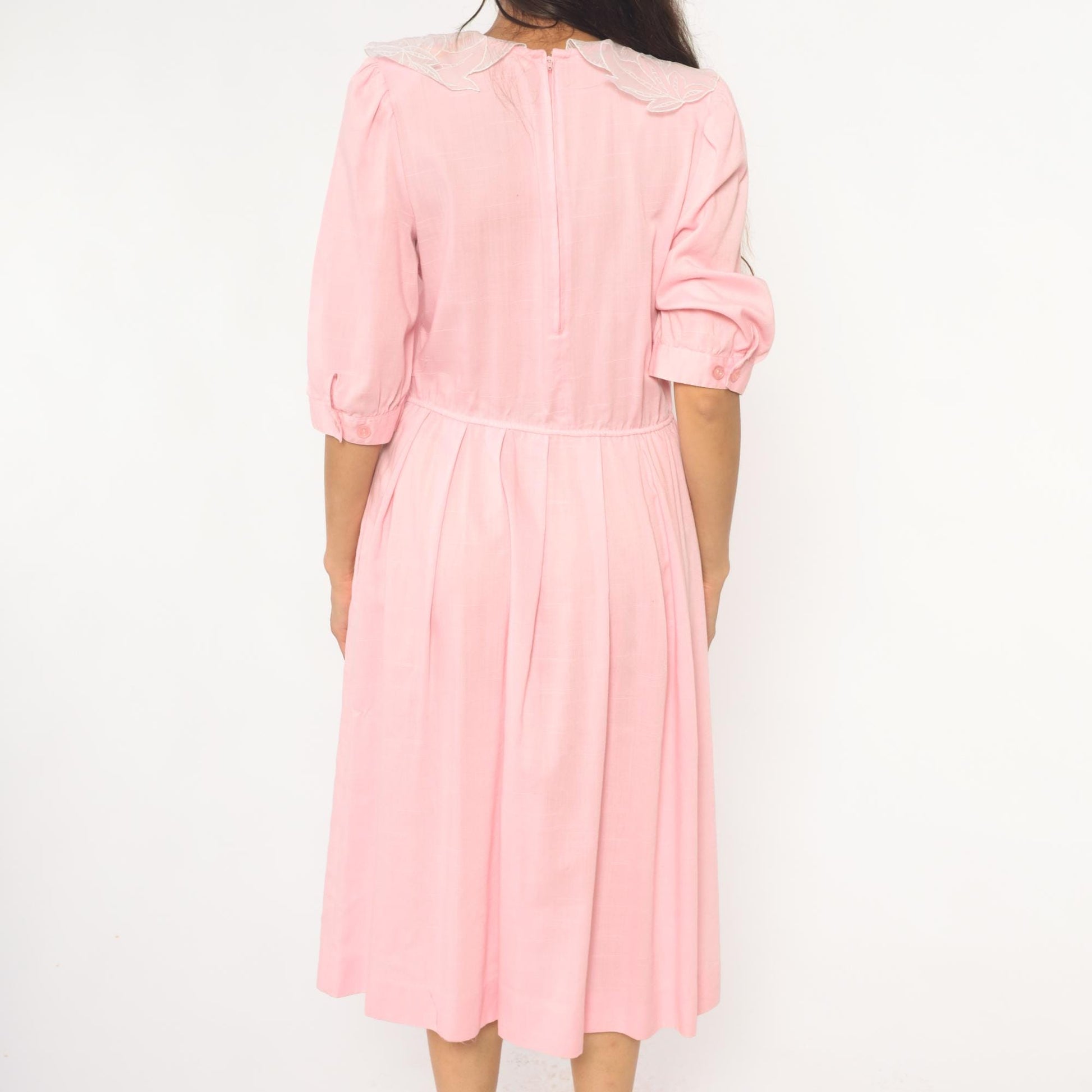 90s Blush Pink Midi Dress Embroidered Floral Collar Puff Sleeve Medium