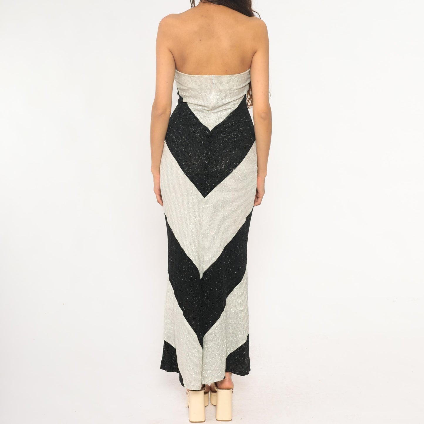 Y2K Pontic Prince Chevron Maxi Dress Black Cream Metallic Strapless Small