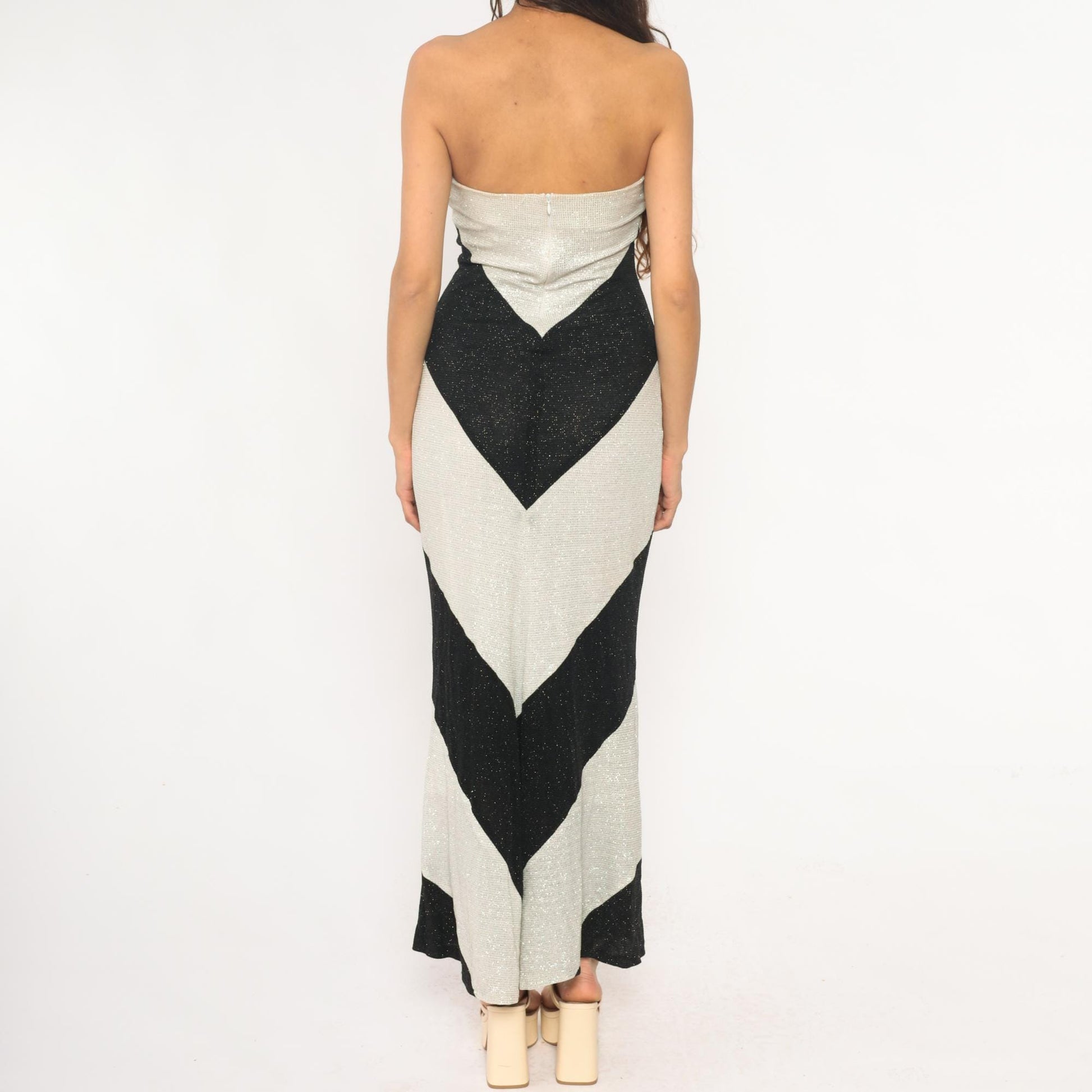Y2K Pontic Prince Chevron Maxi Dress Black Cream Metallic Strapless Small