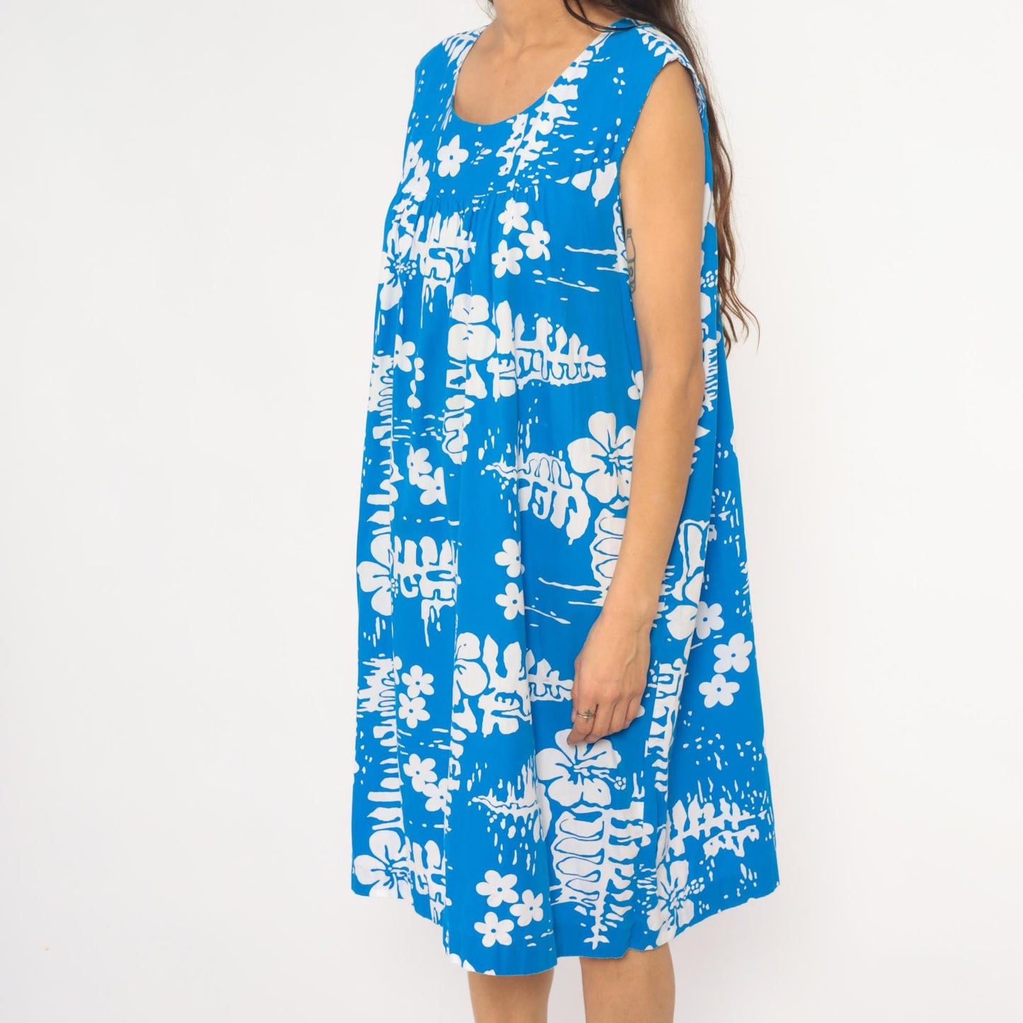 90s Hawaiian Tropical Floral Empire Waist Dress Blue Cotton Knee Length Medium