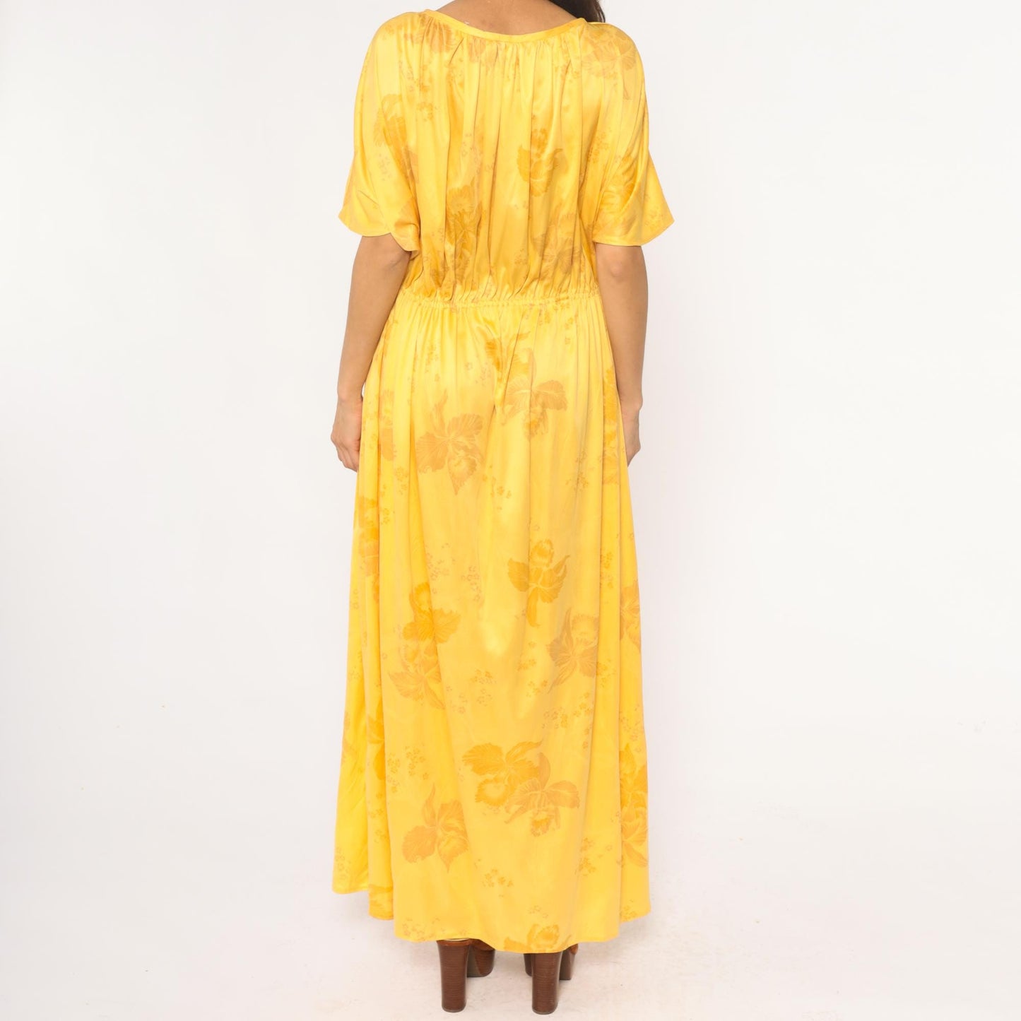 70s Yellow Floral Maxi Dress Flutter Sleeve Gathered Waist Medium Large