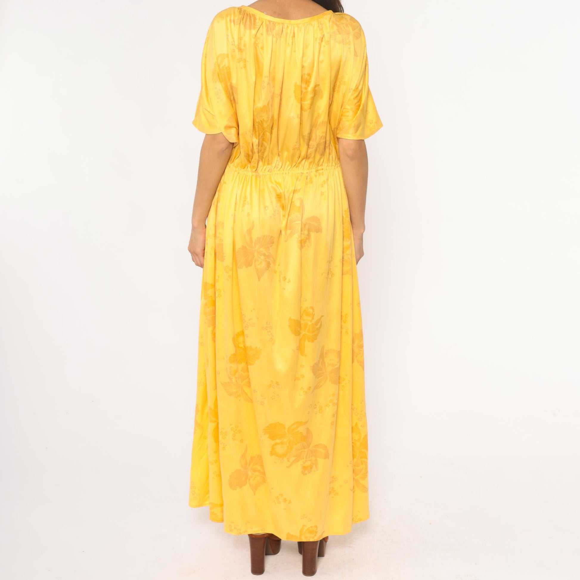 70s Yellow Floral Maxi Dress Flutter Sleeve Gathered Waist Medium Large