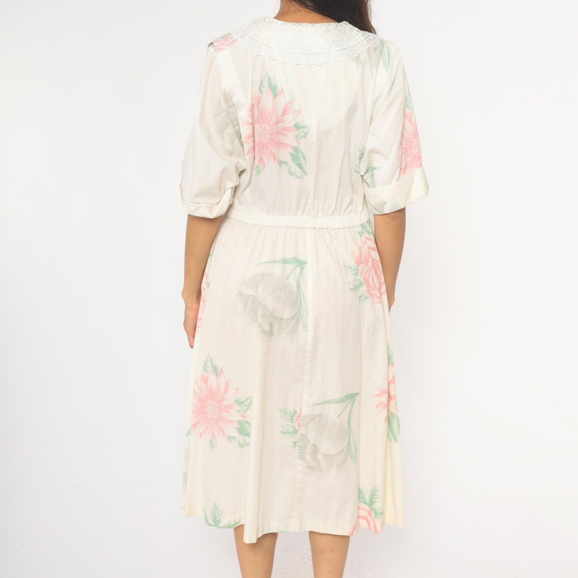 80s Floral Midi Dress Cream Pink Rose Print Cotton Eyelet Lace Medium