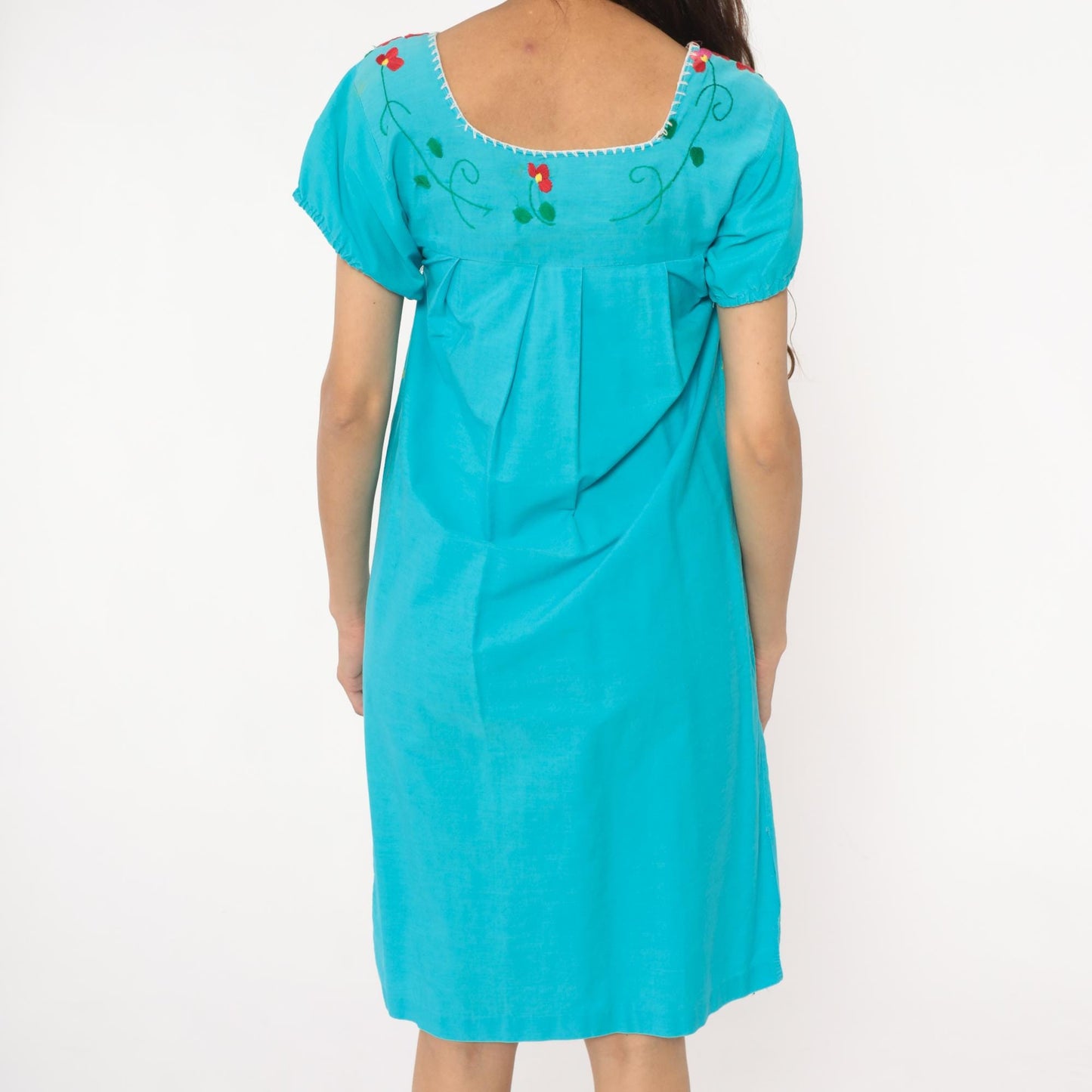 80s Mexican Embroidered Turquoise Cotton Dress Floral Empire Waist Extra Small XS