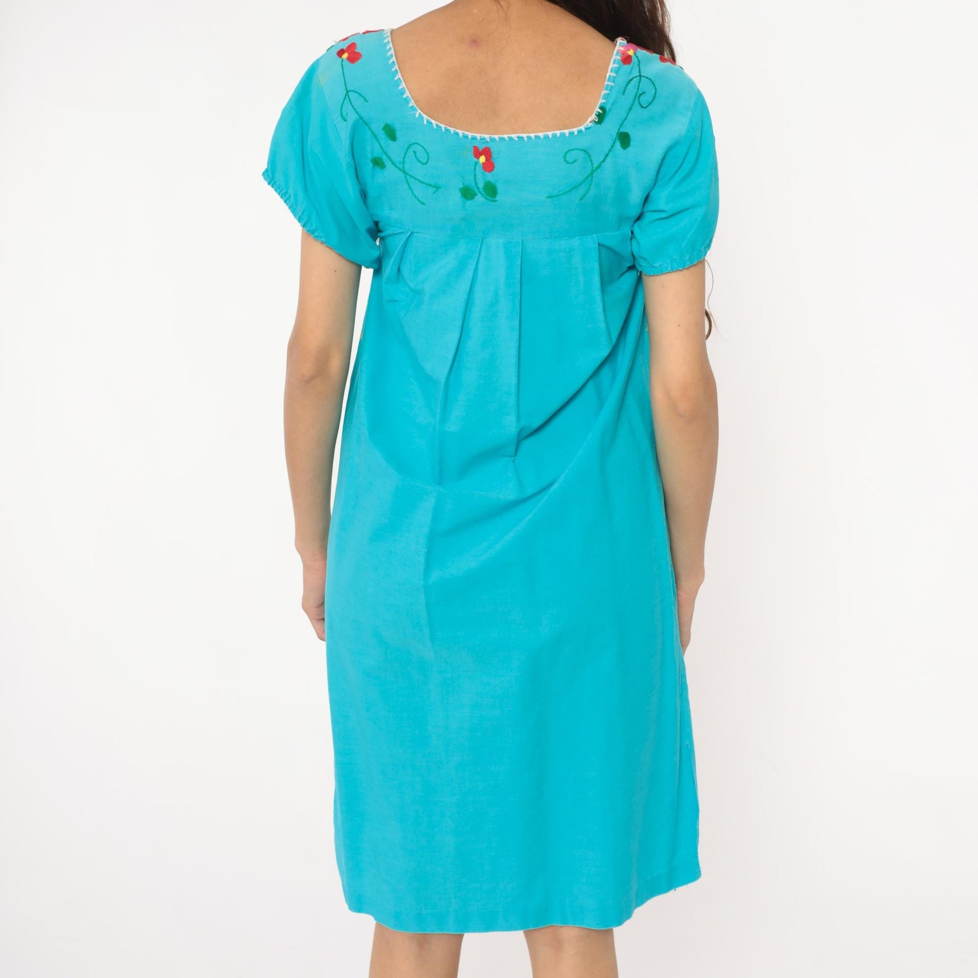 80s Mexican Embroidered Turquoise Cotton Dress Floral Empire Waist Extra Small XS