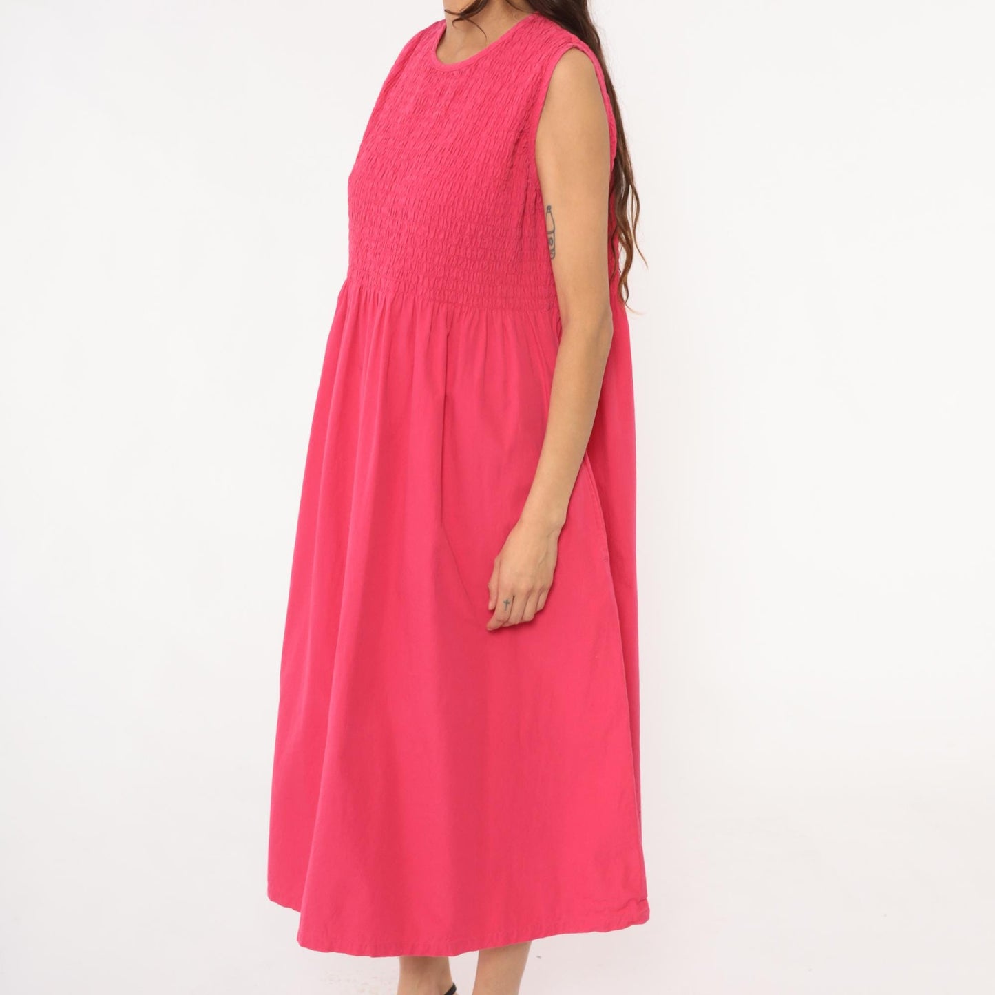 Y2K Coral Pink Maxi Dress Smocked Bodice Cotton Sleeveless Large