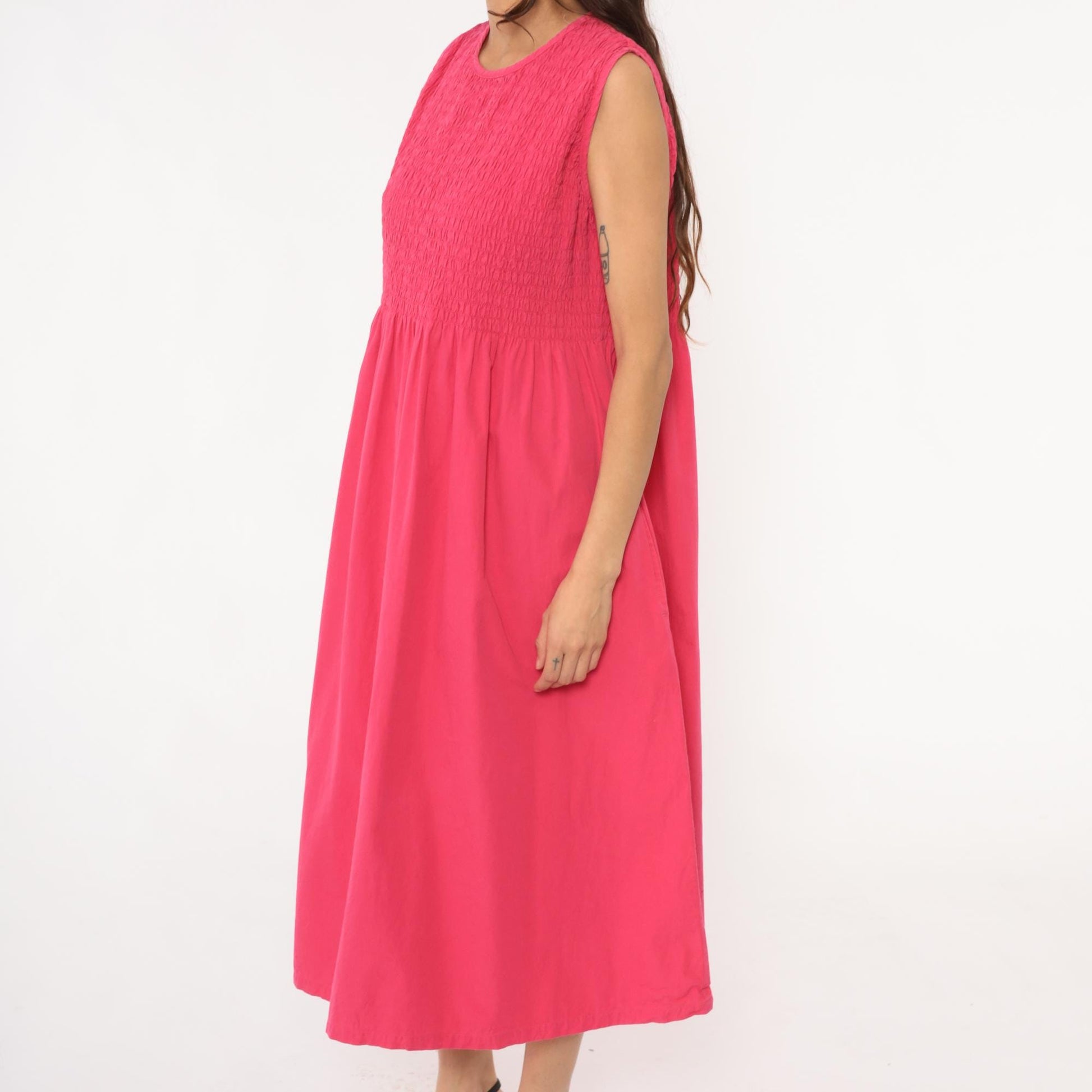 Y2K Coral Pink Maxi Dress Smocked Bodice Cotton Sleeveless Large