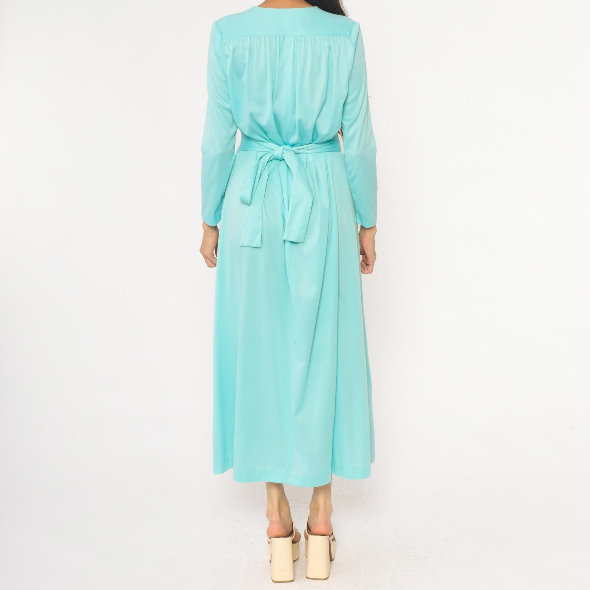 70s Enrico Serrati Aqua Maxi Dress V-Neck Tie Waist Long Sleeve Medium