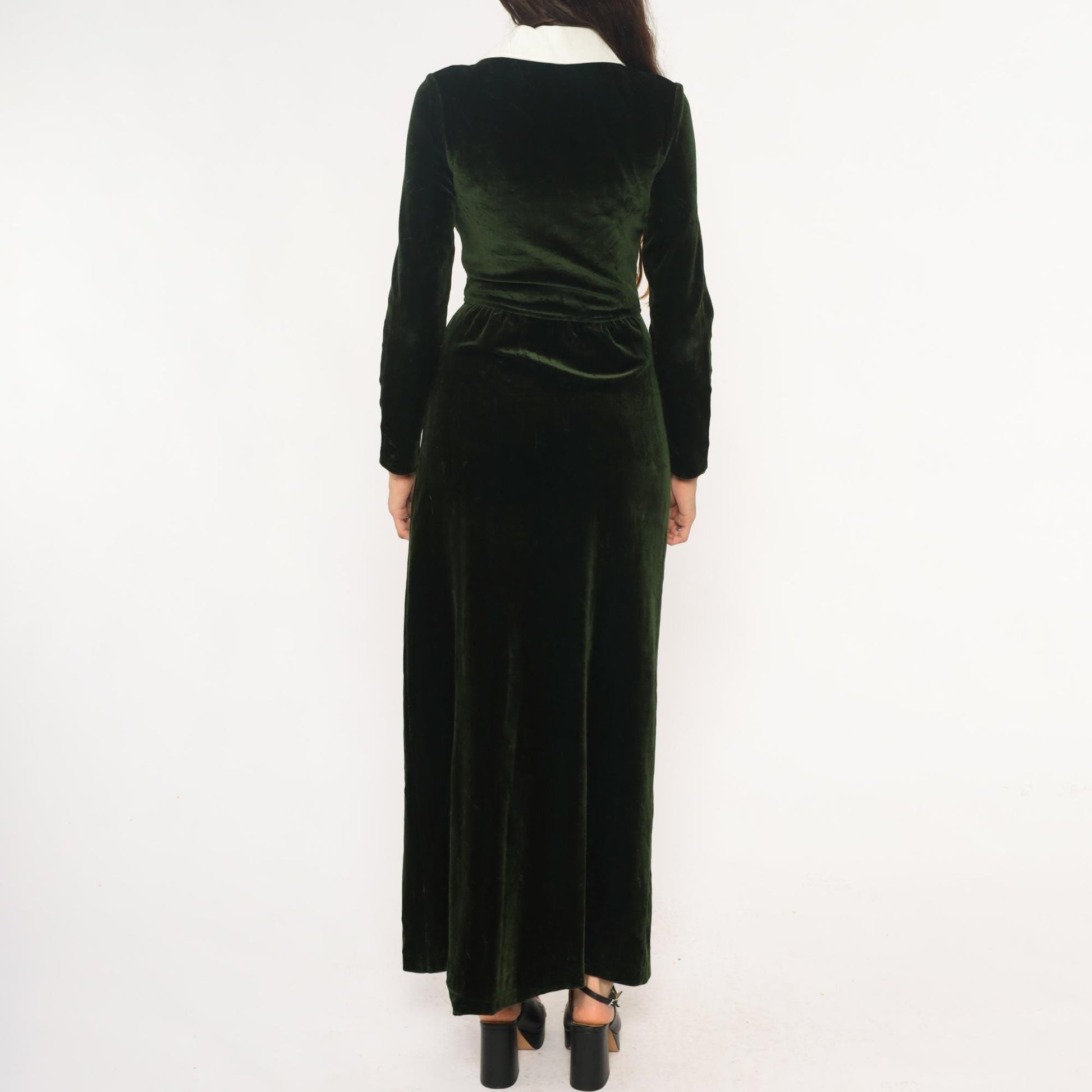 70s Dark Emerald Velvet Maxi Dress White Collar Long Sleeve Extra Small