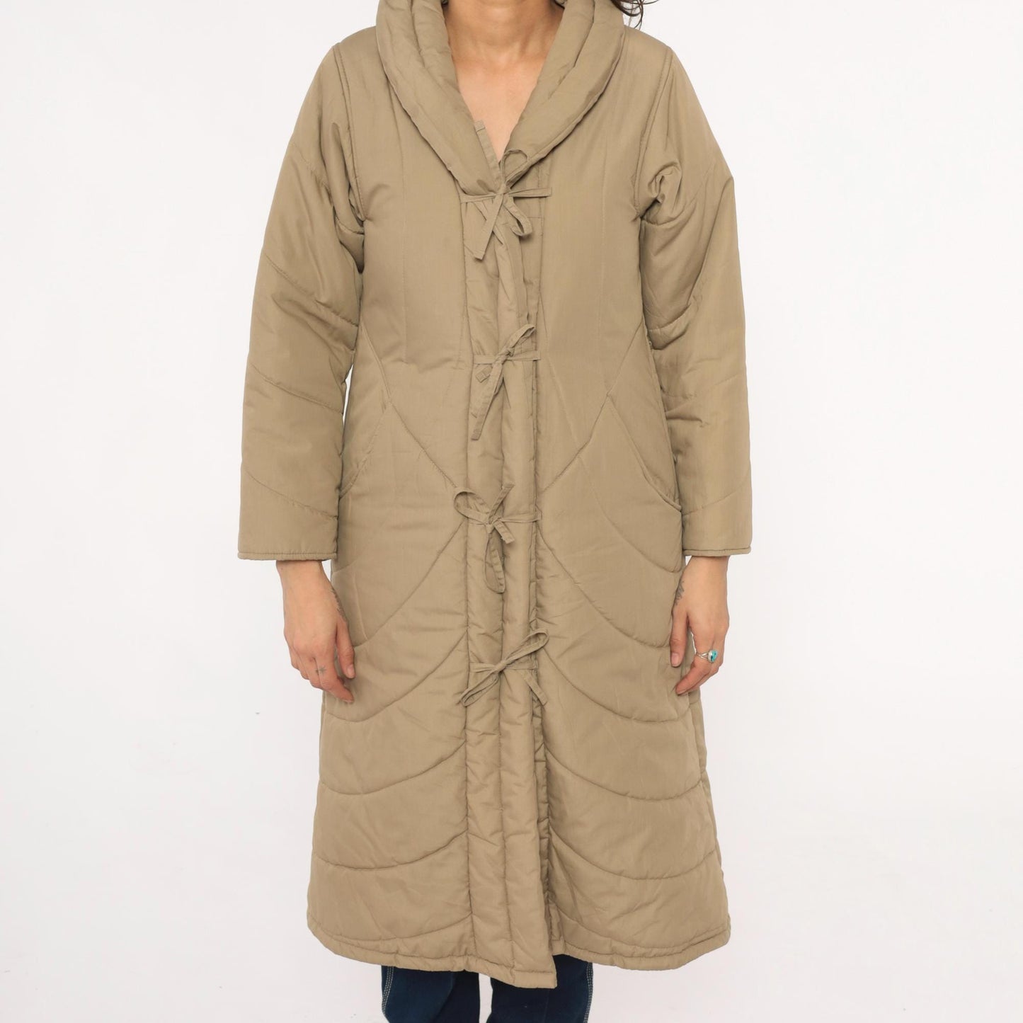 80s Tan Quilted Parka Jacket Chevron Shawl Collar Tie Front Duster Extra Small XS