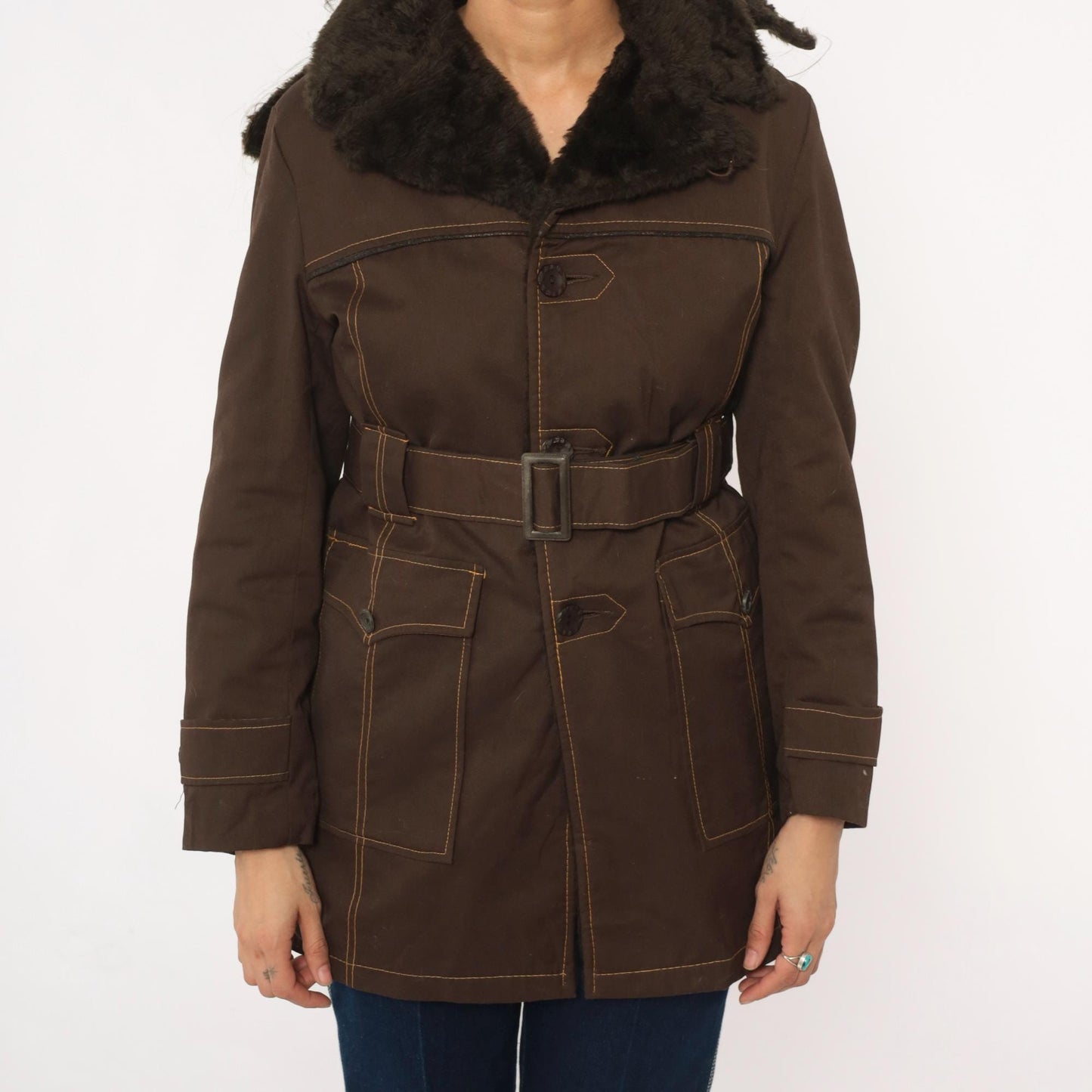 70s McGrégor Brown Parka Detachable Hood Faux Fur Collar Small