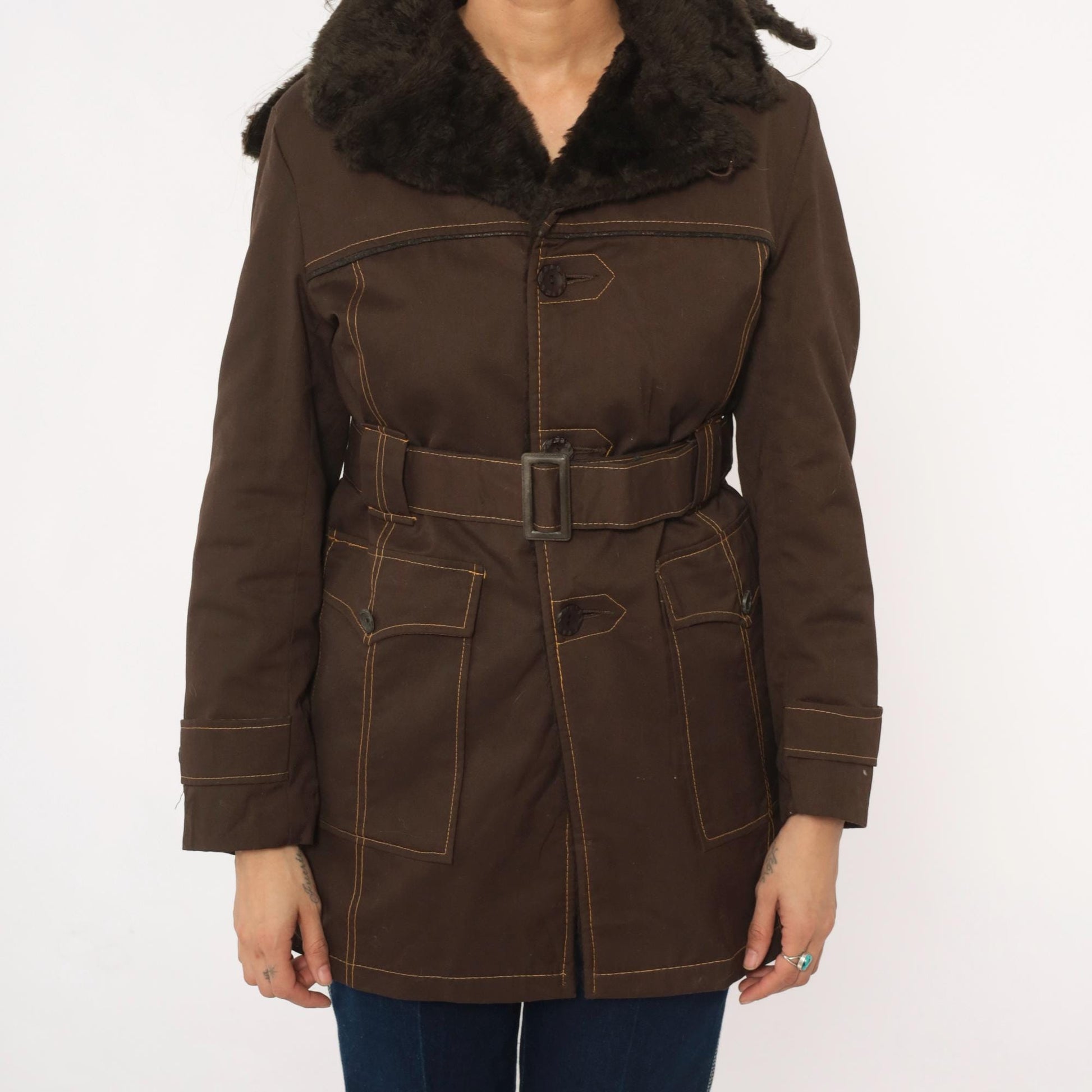 70s McGrégor Brown Parka Detachable Hood Faux Fur Collar Small