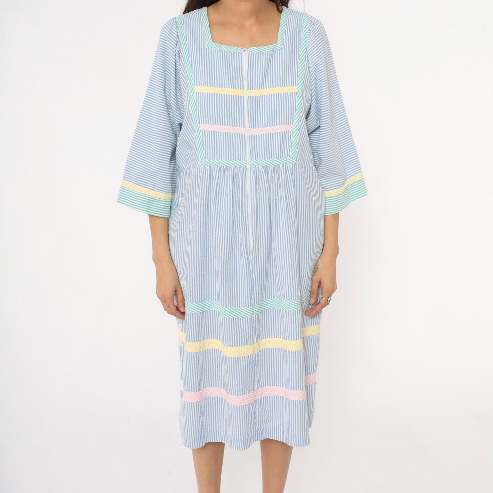 80s Saybury Seersucker Striped Dress Blue White Rickrack Trim Large