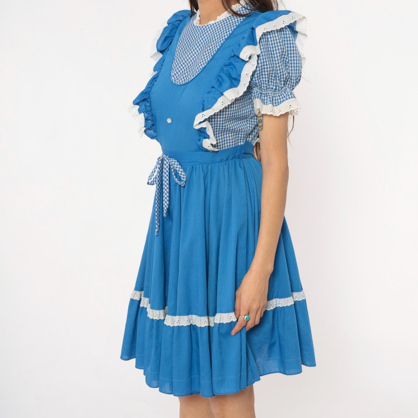 80s Jeri Bee Blue Gingham Pinafore Dress Eyelet Lace Puff Sleeve Small Medium