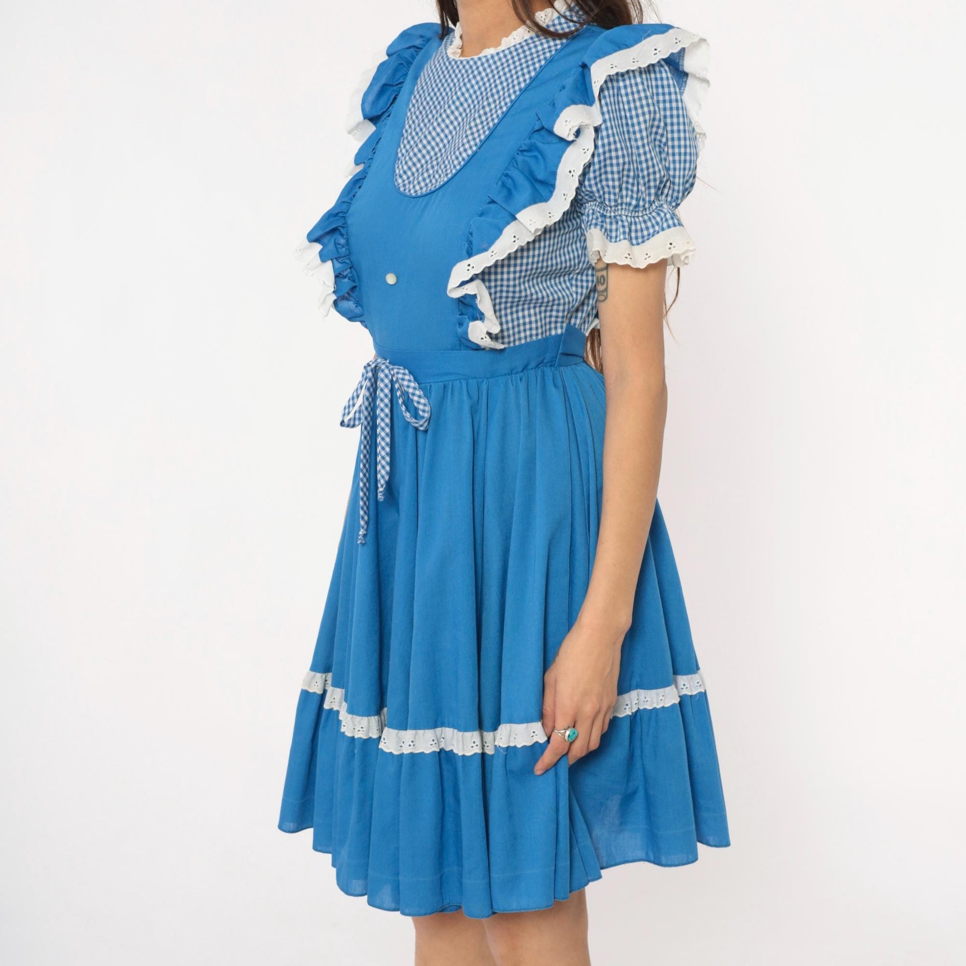 80s Jeri Bee Blue Gingham Pinafore Dress Eyelet Lace Puff Sleeve Small Medium