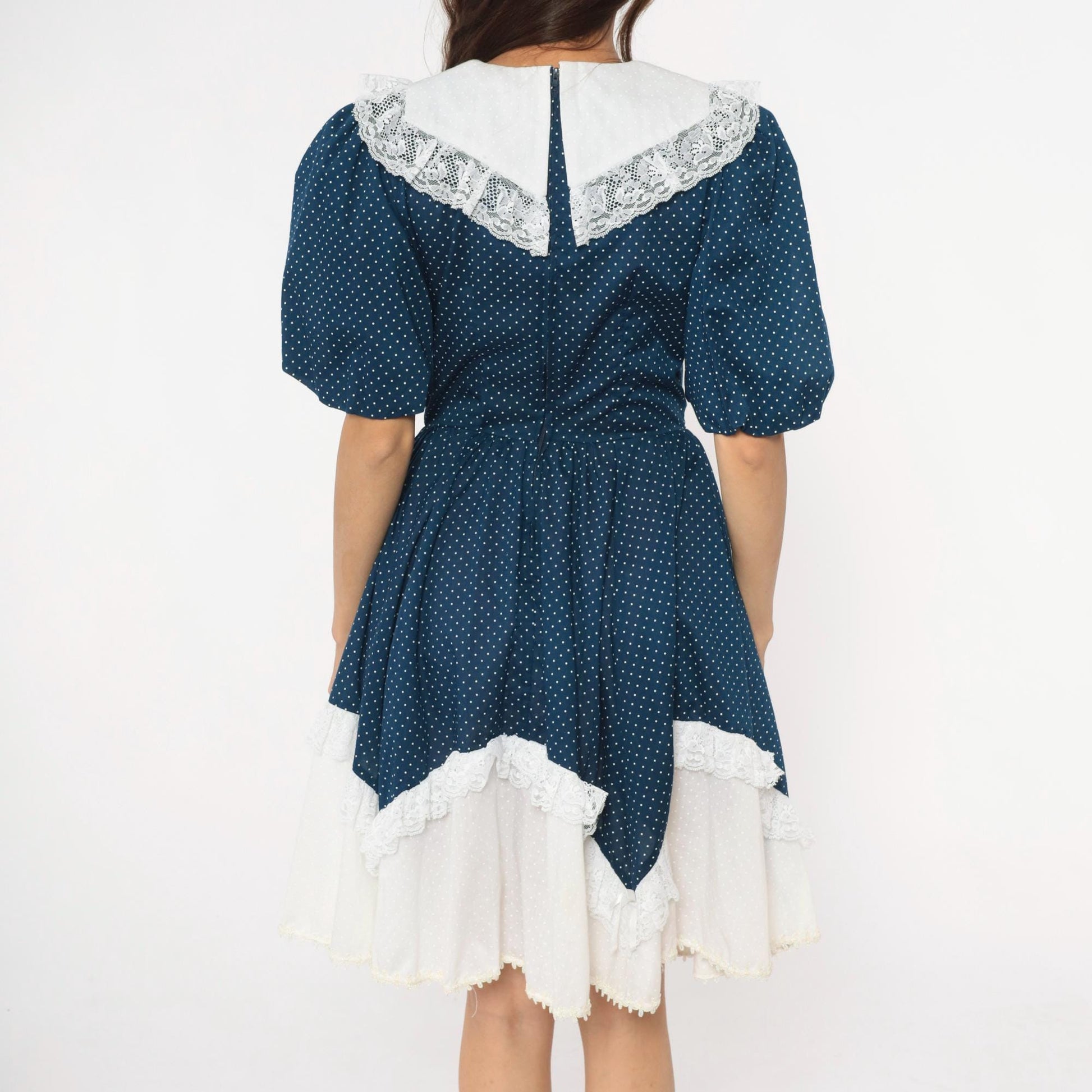 80s Navy Polka Dot Dress Puff Sleeve Lace Collar Handkerchief Hem Medium M