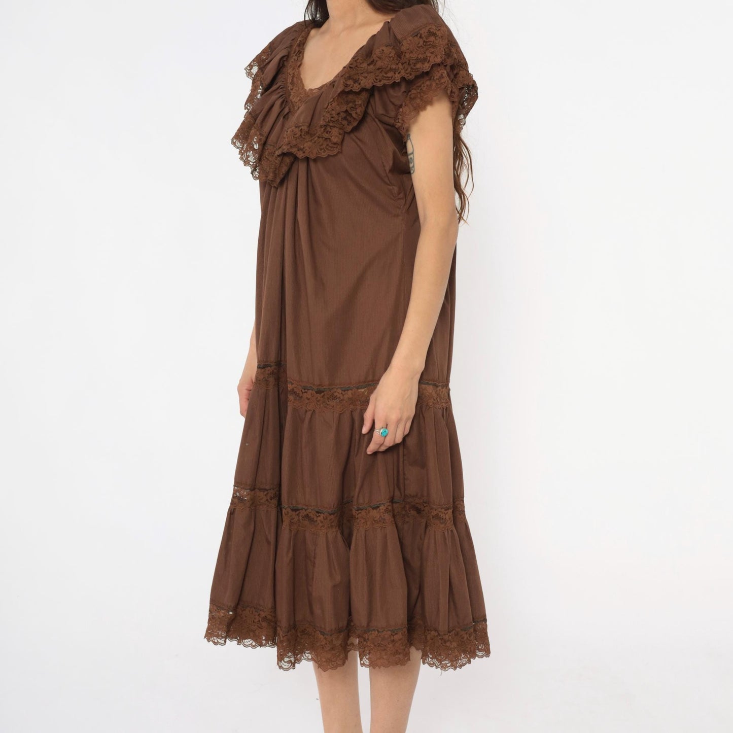 80s Brown Tiered Prairie Dress Lace Trim Cap Sleeve Midi Medium Large