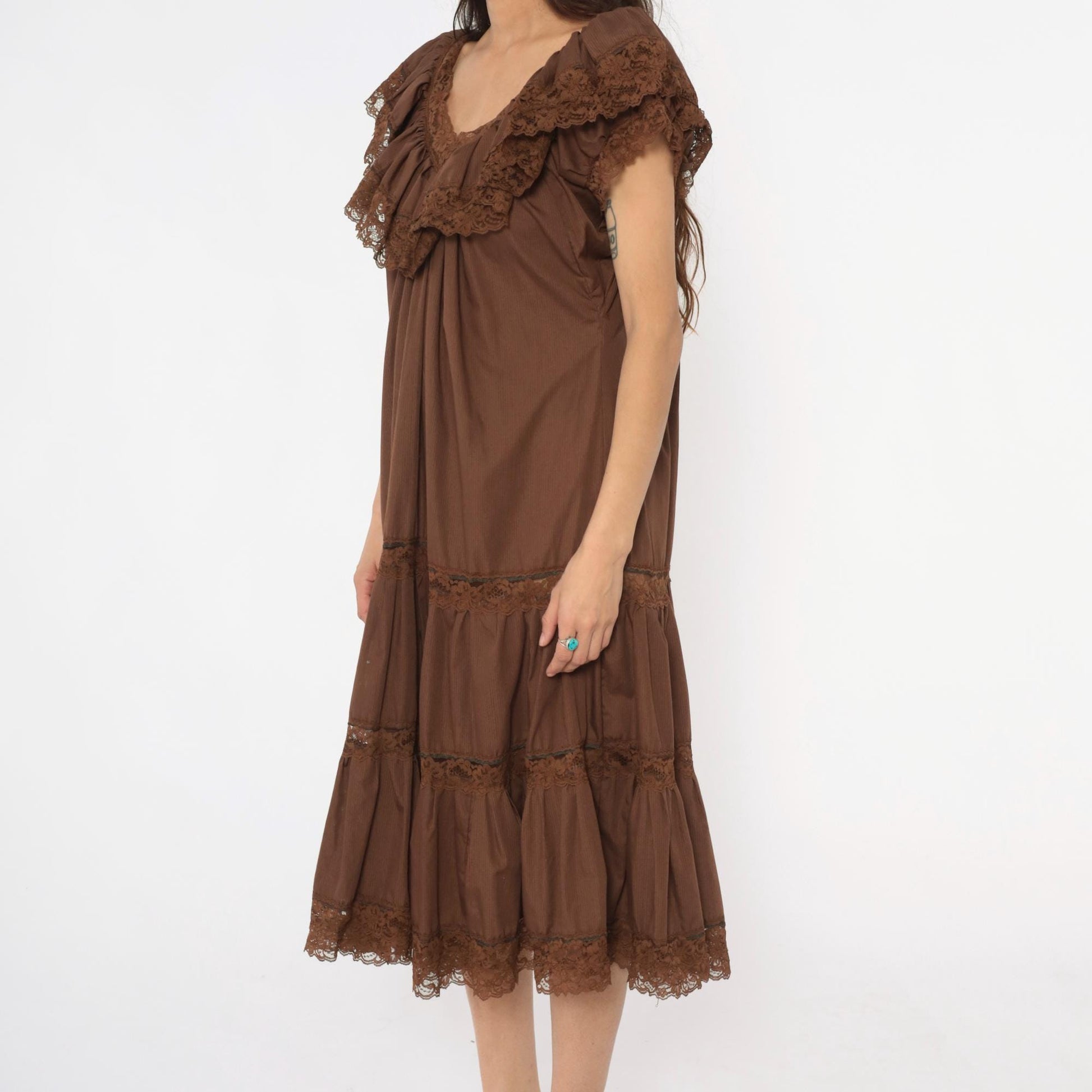 80s Brown Tiered Prairie Dress Lace Trim Cap Sleeve Midi Medium Large