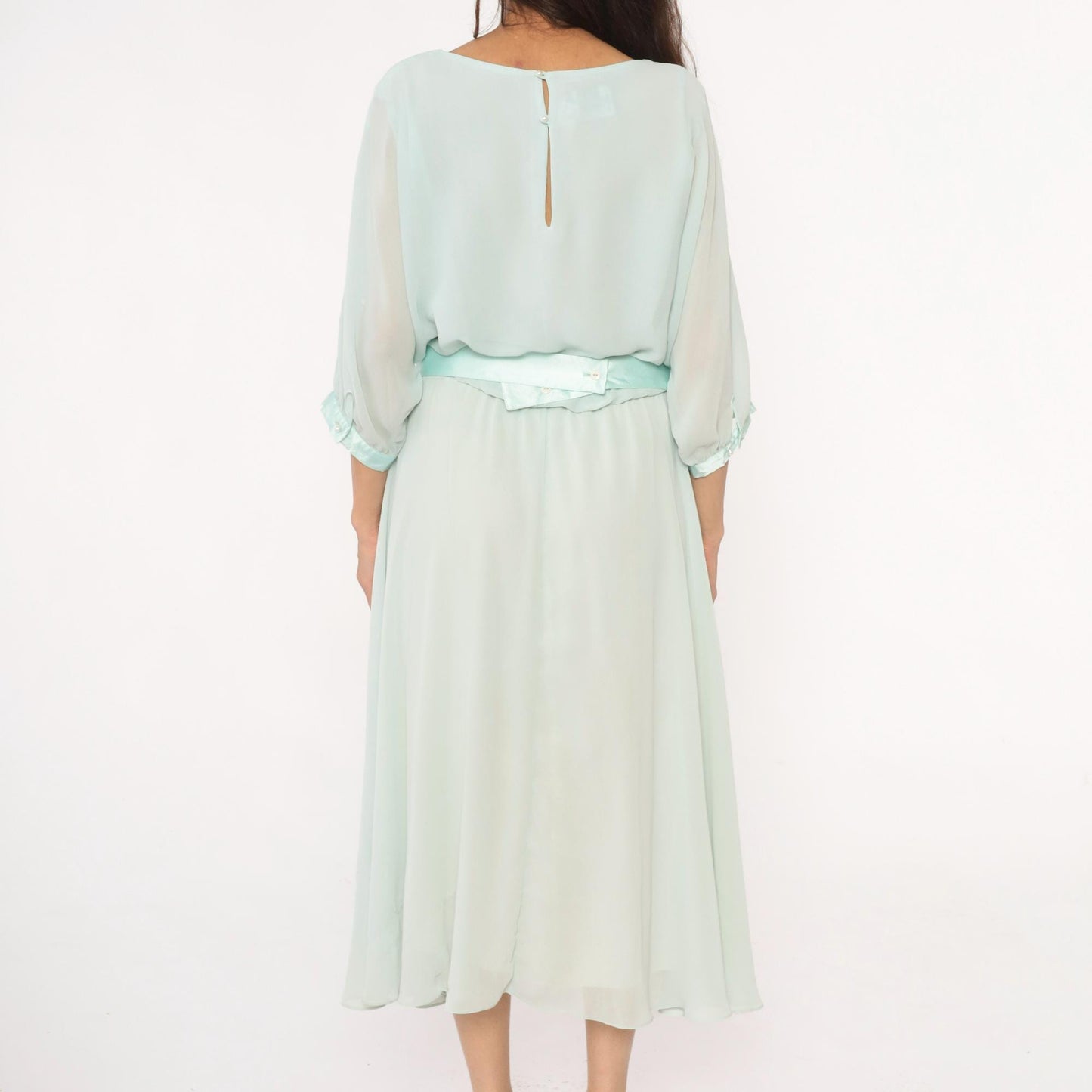 80s Ursula Mint Green Midi Dress Embroidered Floral Cutwork Sheer Large