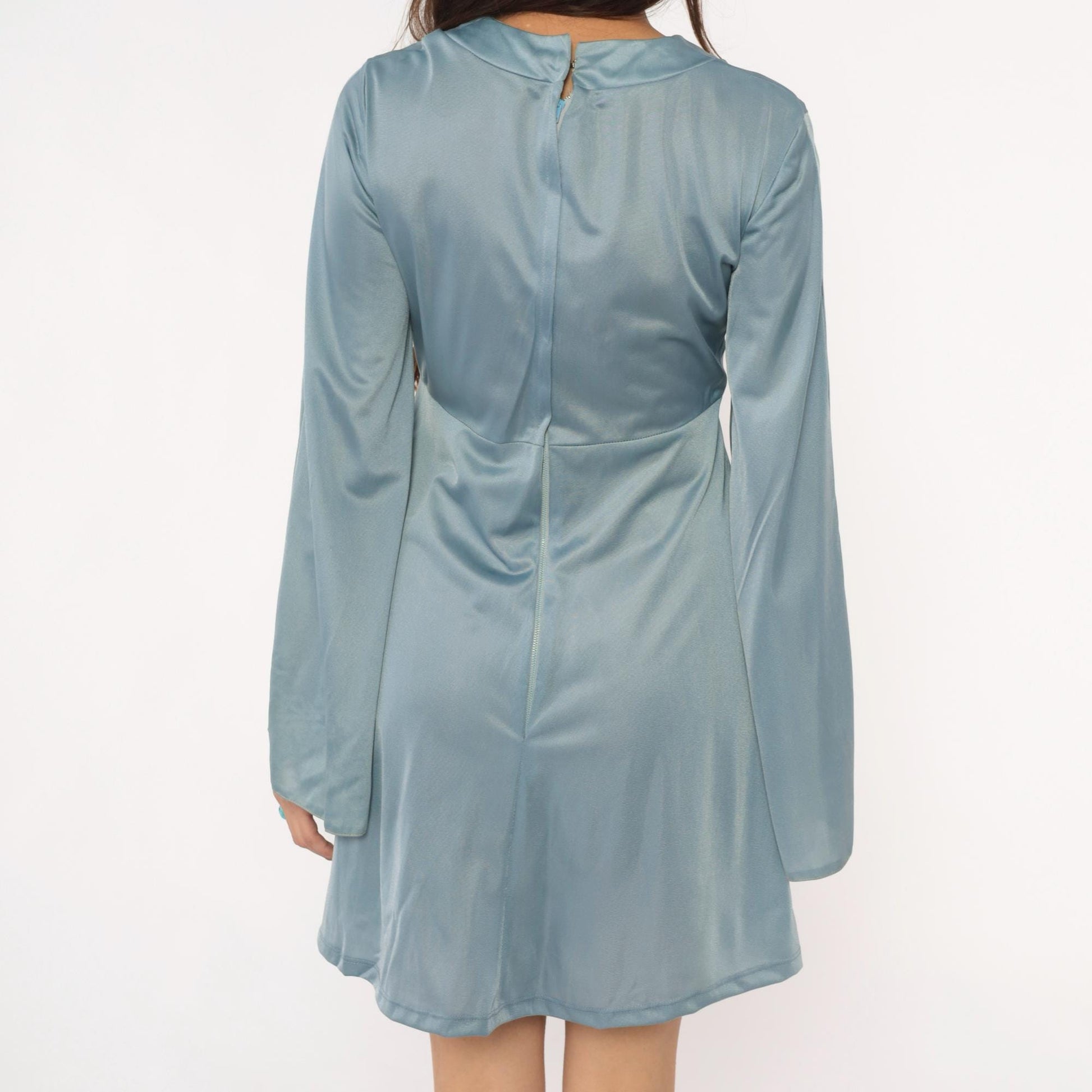70s Powder Blue Mini Dress Bell Sleeve V Neck Empire Waist Medium M