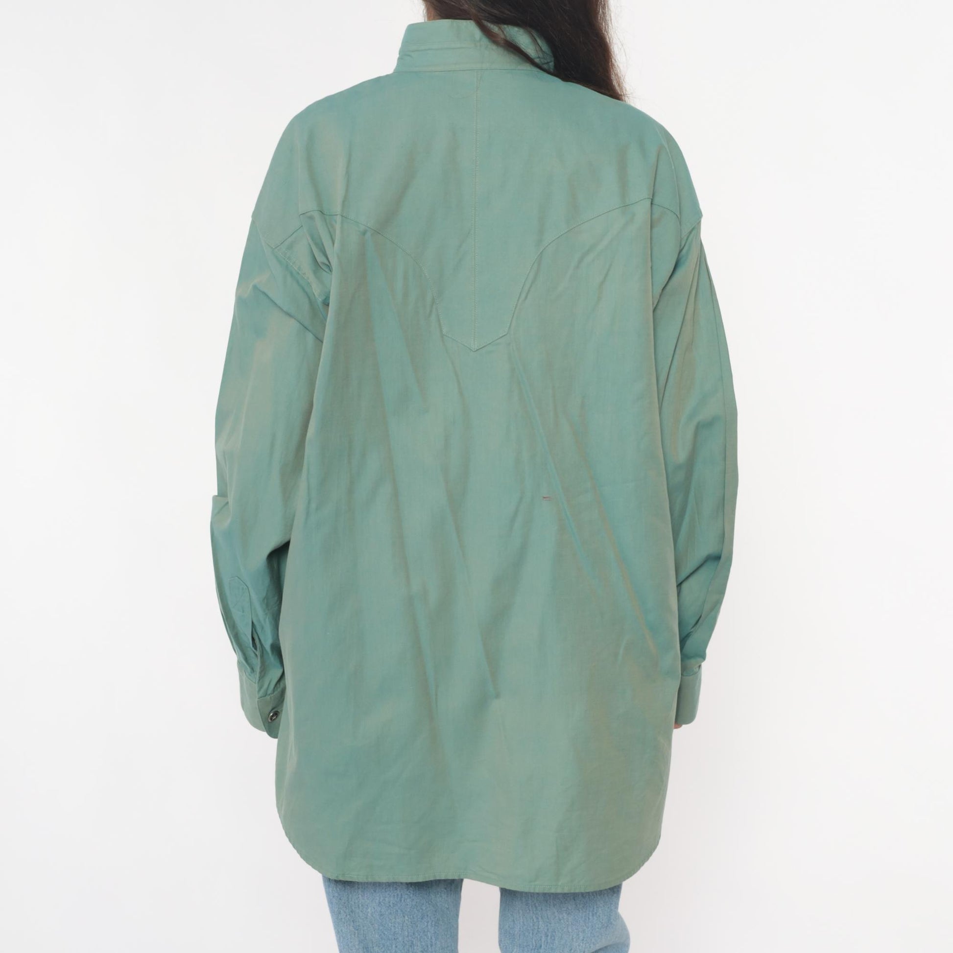 90s Stubbs Sage Green Western Shirt Mandarin Collar Button Front Extra Large XL
