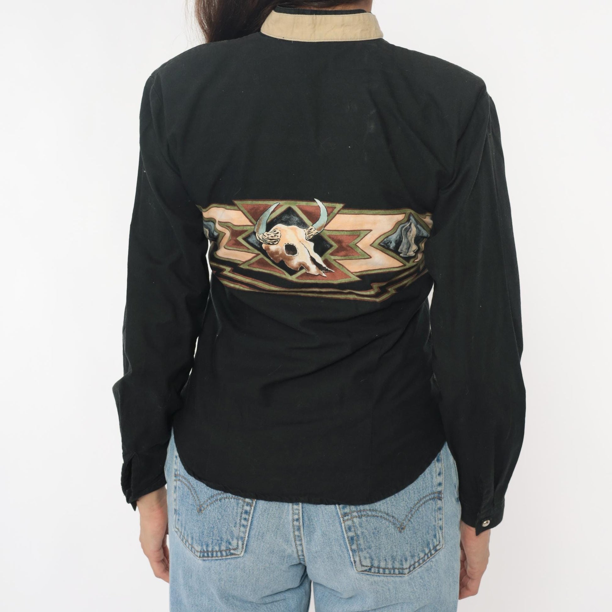 90s Roper Black Western Shirt Buffalo Skull Southwestern Appliqué Small
