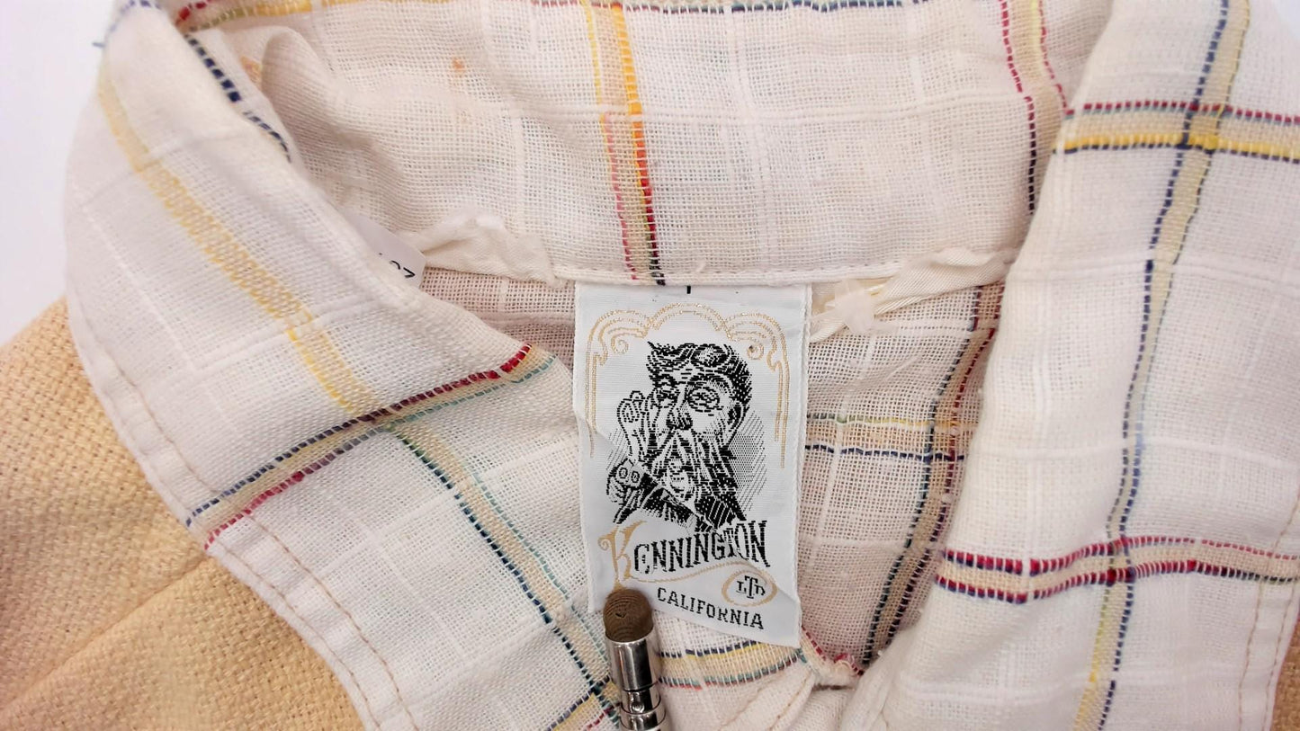 70s Kennington Western Shirt Plaid Cream Peach Yoke Button Front Medium