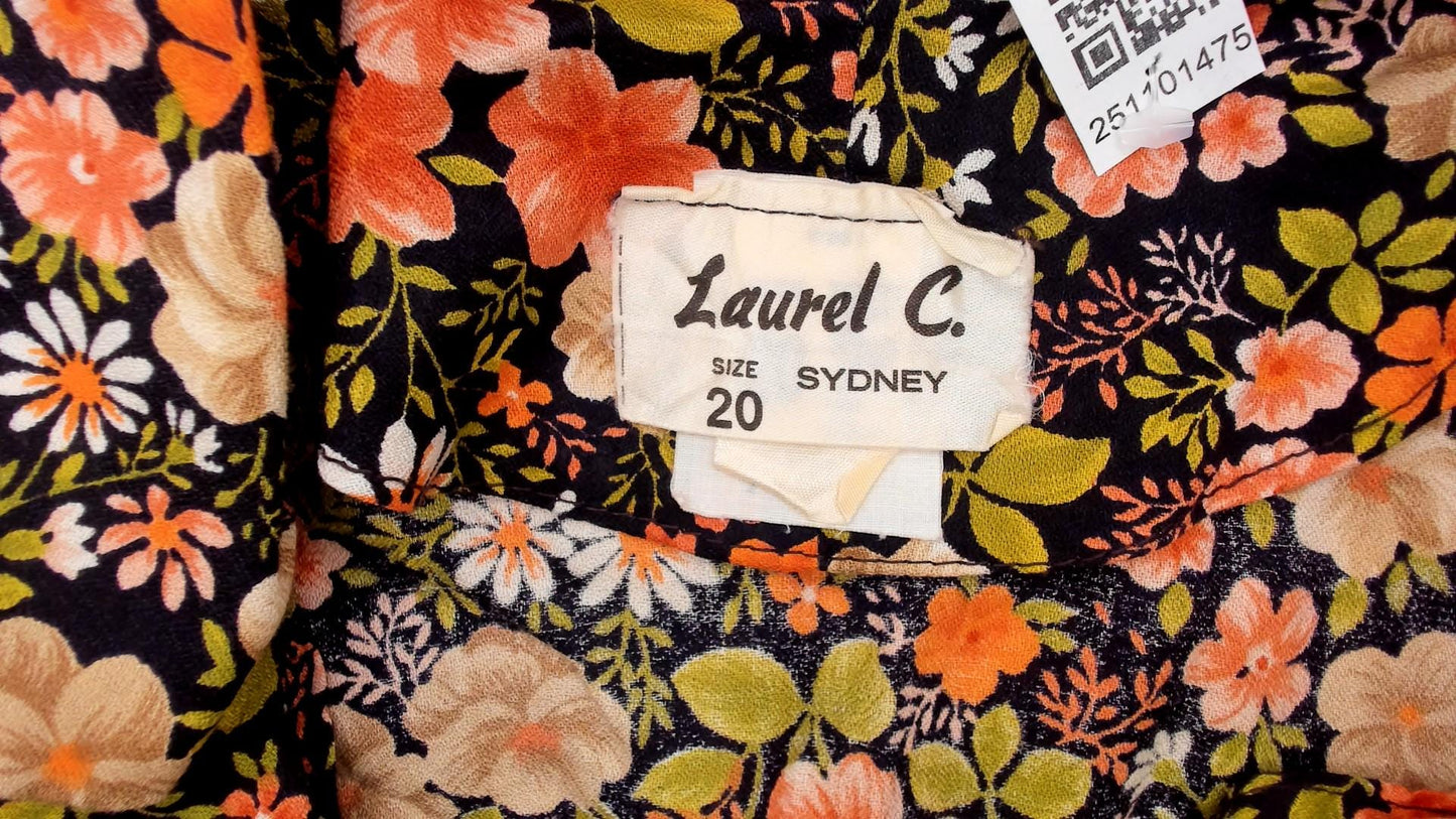 80s Laurel C Floral Shirt Dress Cotton Collared Mini Dark Botanical Large L