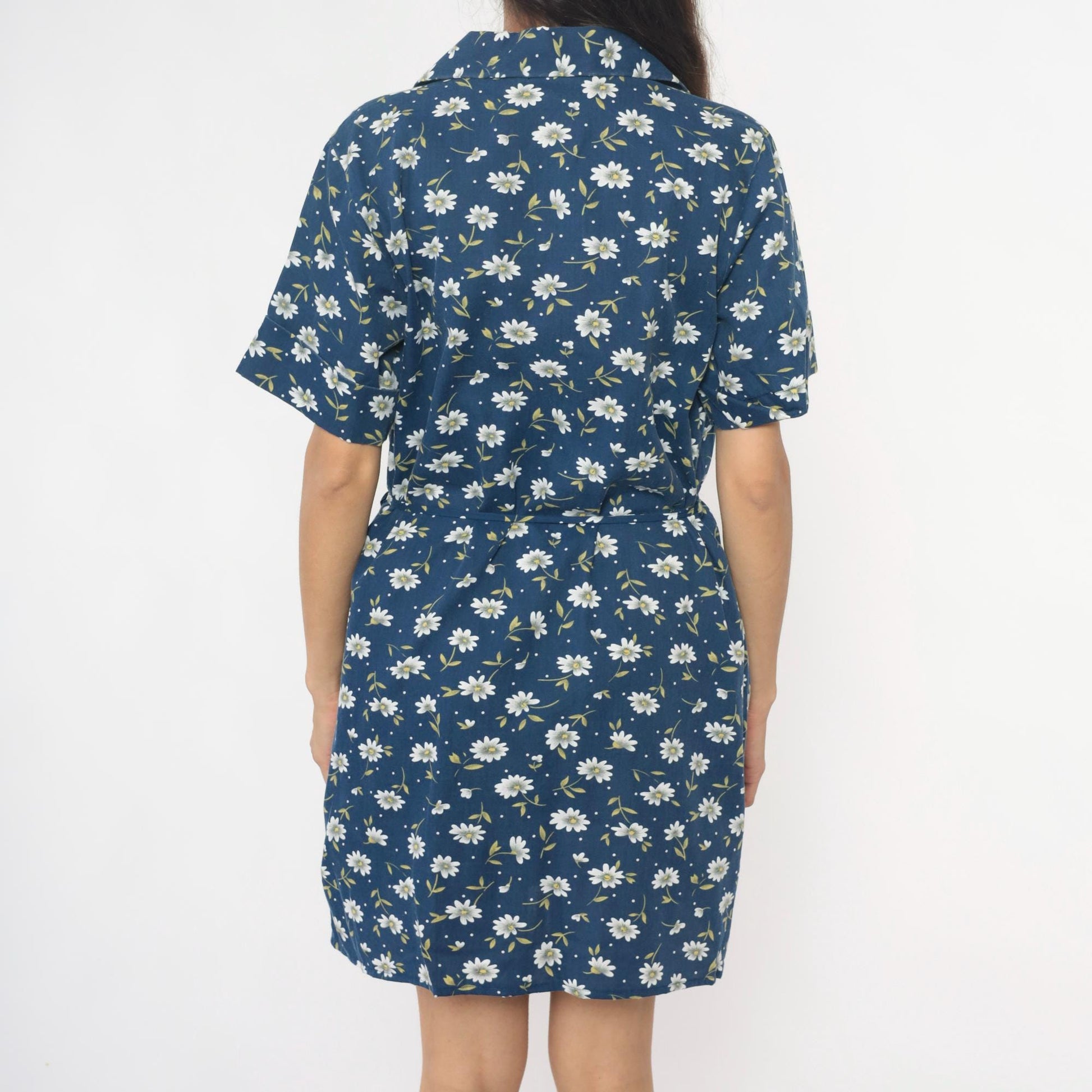 90s Carole Navy Floral Daisy Dress Collared Button Front Cotton Medium M
