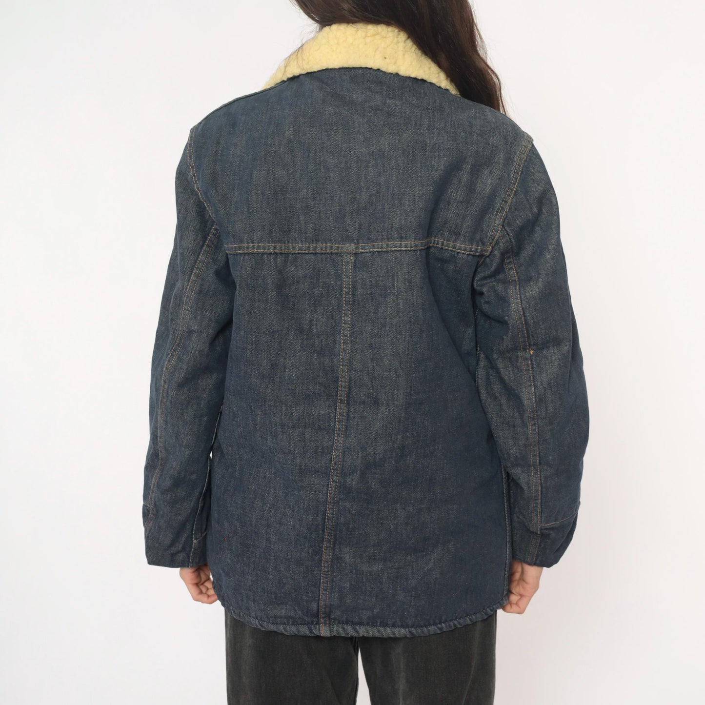 70s Roebucks Denim Jacket Sherpa Lined Dark Indigo Cream Workwear Medium Large