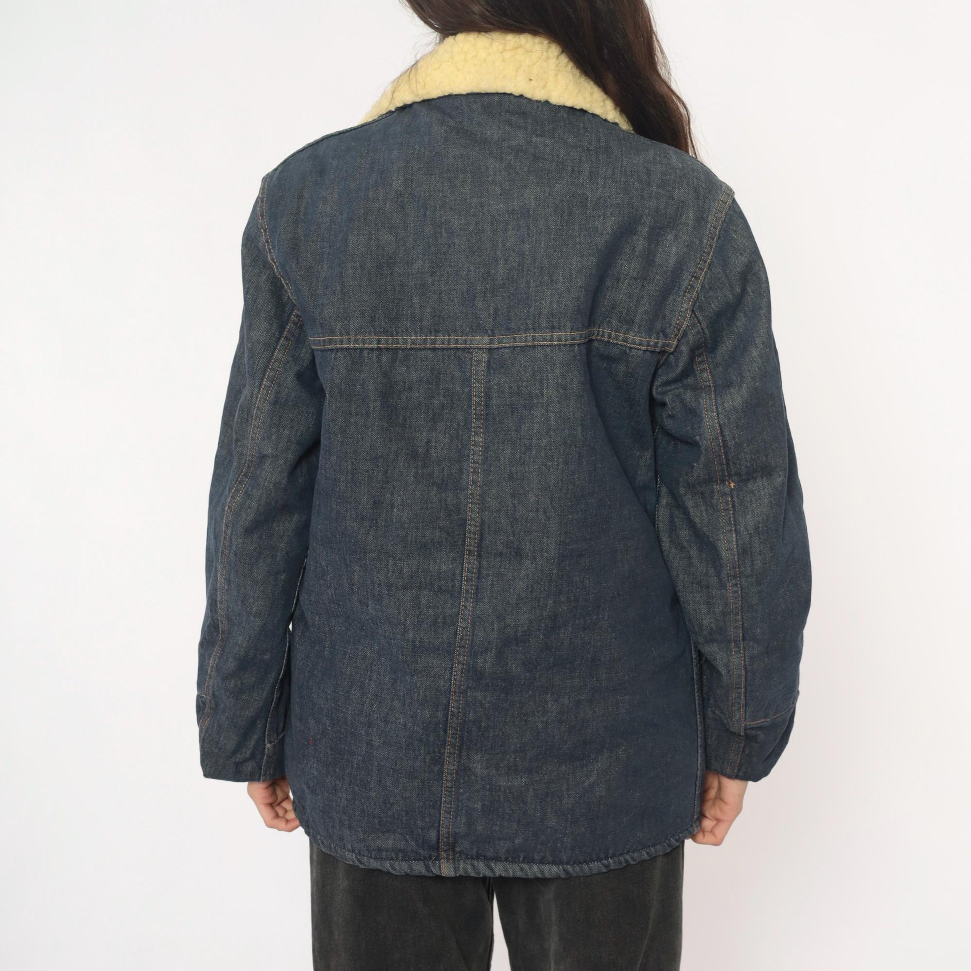 70s Roebucks Denim Jacket Sherpa Lined Dark Indigo Cream Workwear Medium Large