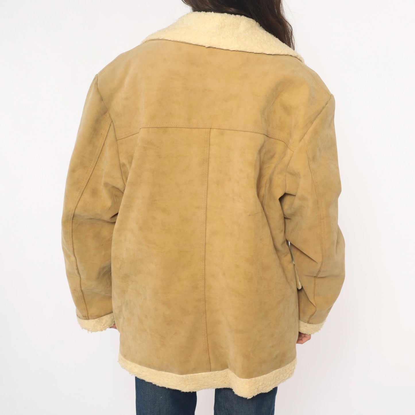 70s Wiman Tan Faux Suede Jacket Sherpa Collar Wide Notch Large