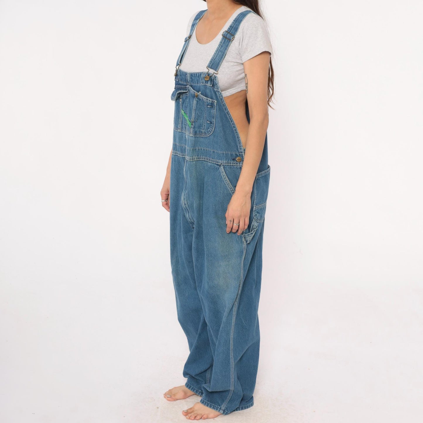 90s Key Denim Overalls Medium Blue Wide Leg Bib Dungarees Utility Pockets