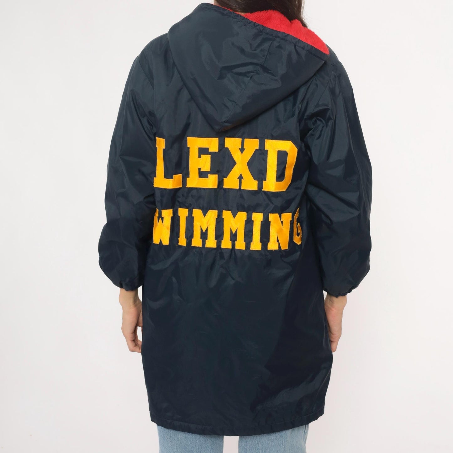 80s LEXD Swimming Team Jacket Navy Hooded Windbreaker Fur Lined Small