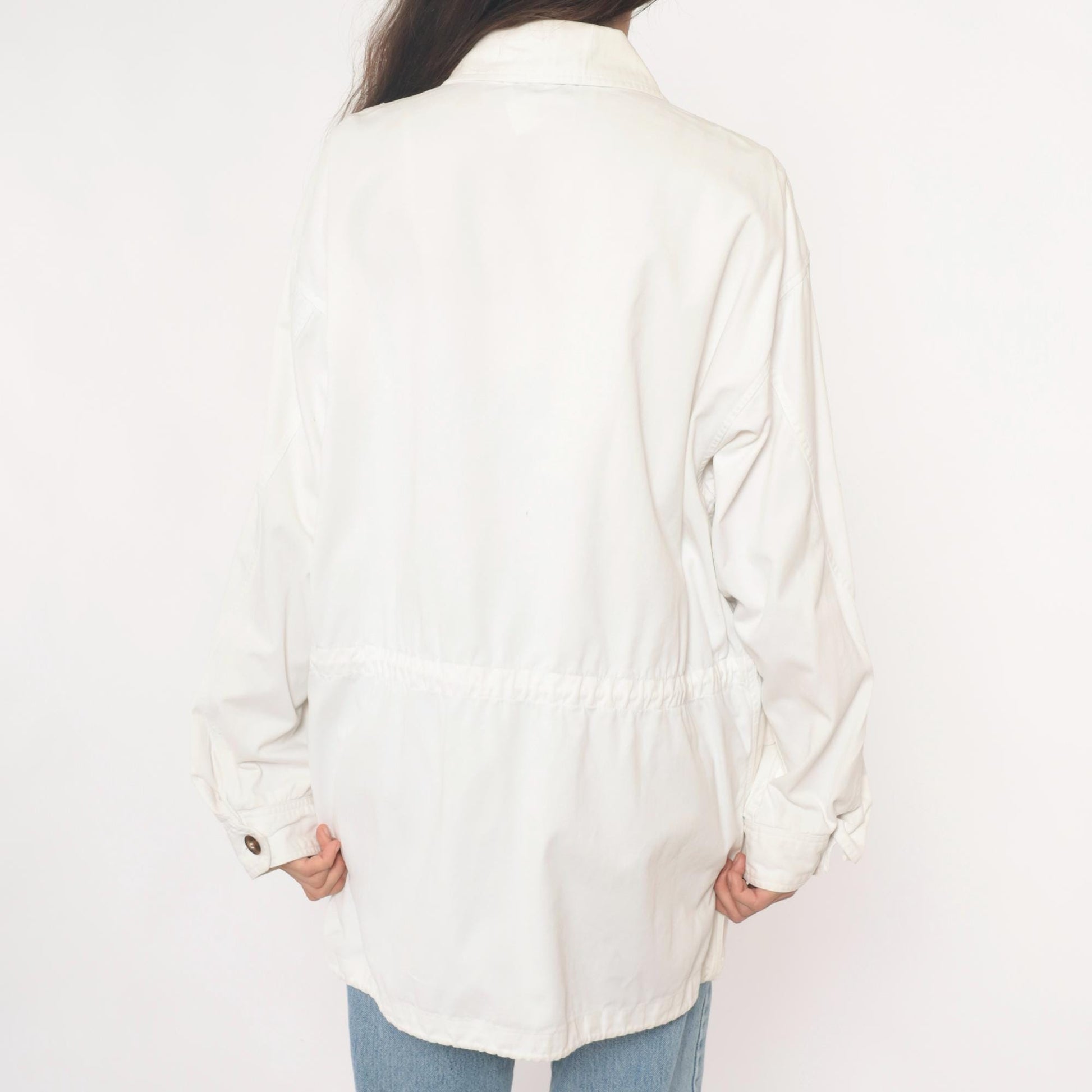 90s Adrienne Vittadini Cotton Utility Jacket Cream Pointed Collar Medium M